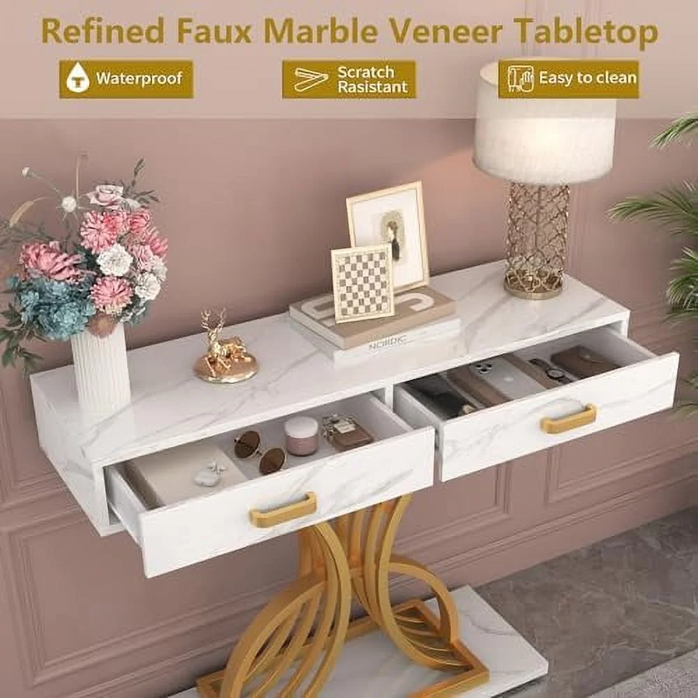 MQLIFEBOOM White Gold Console Table with Two Drawers  39 Inches Modern Entryway Table with   Faux Marble Tabletop Hallway Table with Geometric Gold Legs