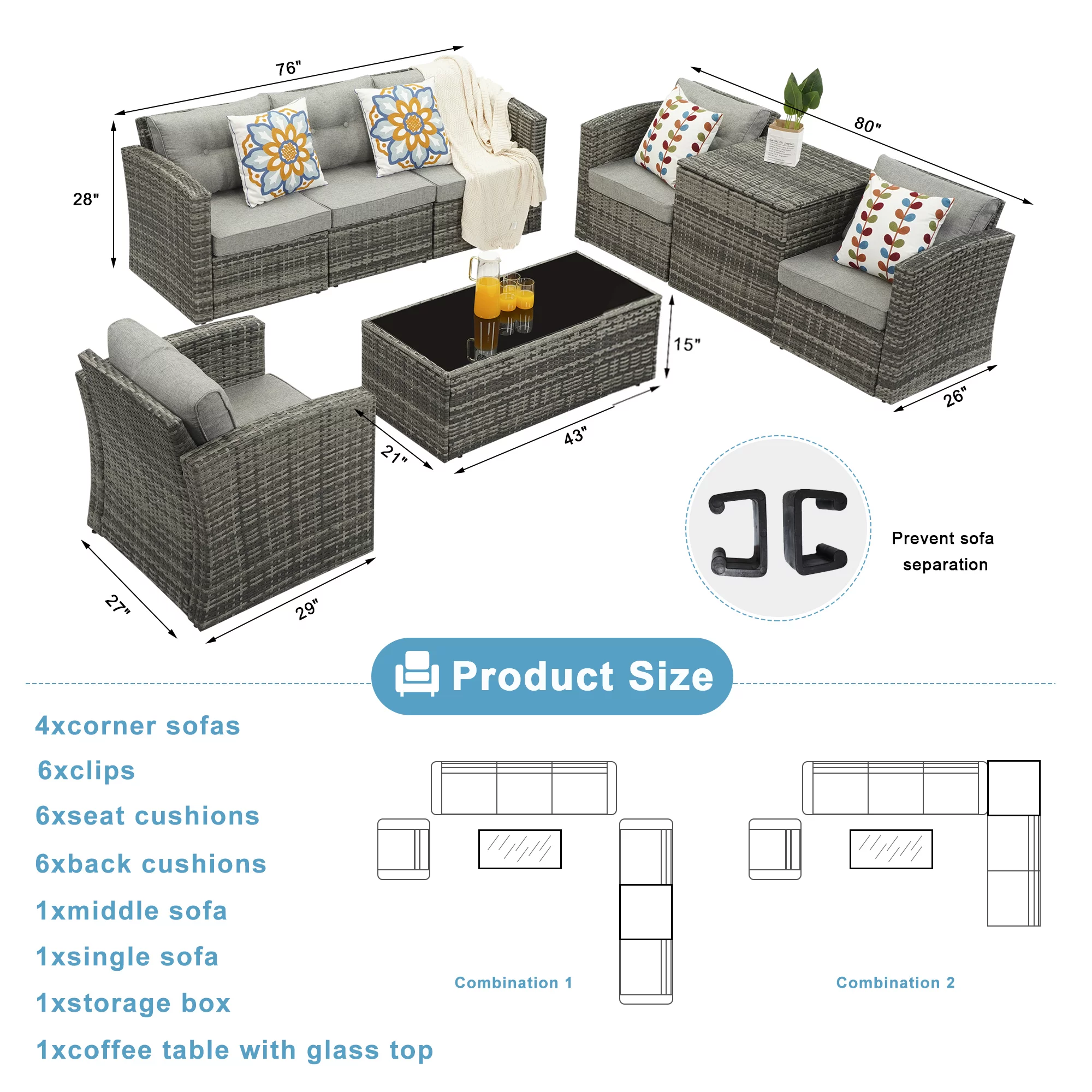 Superjoe Outdoor Patio Furniture Set 8 Pcs Aluminum Frame Conversation Sofa Set with Storage Box and Coffee Table,Gray