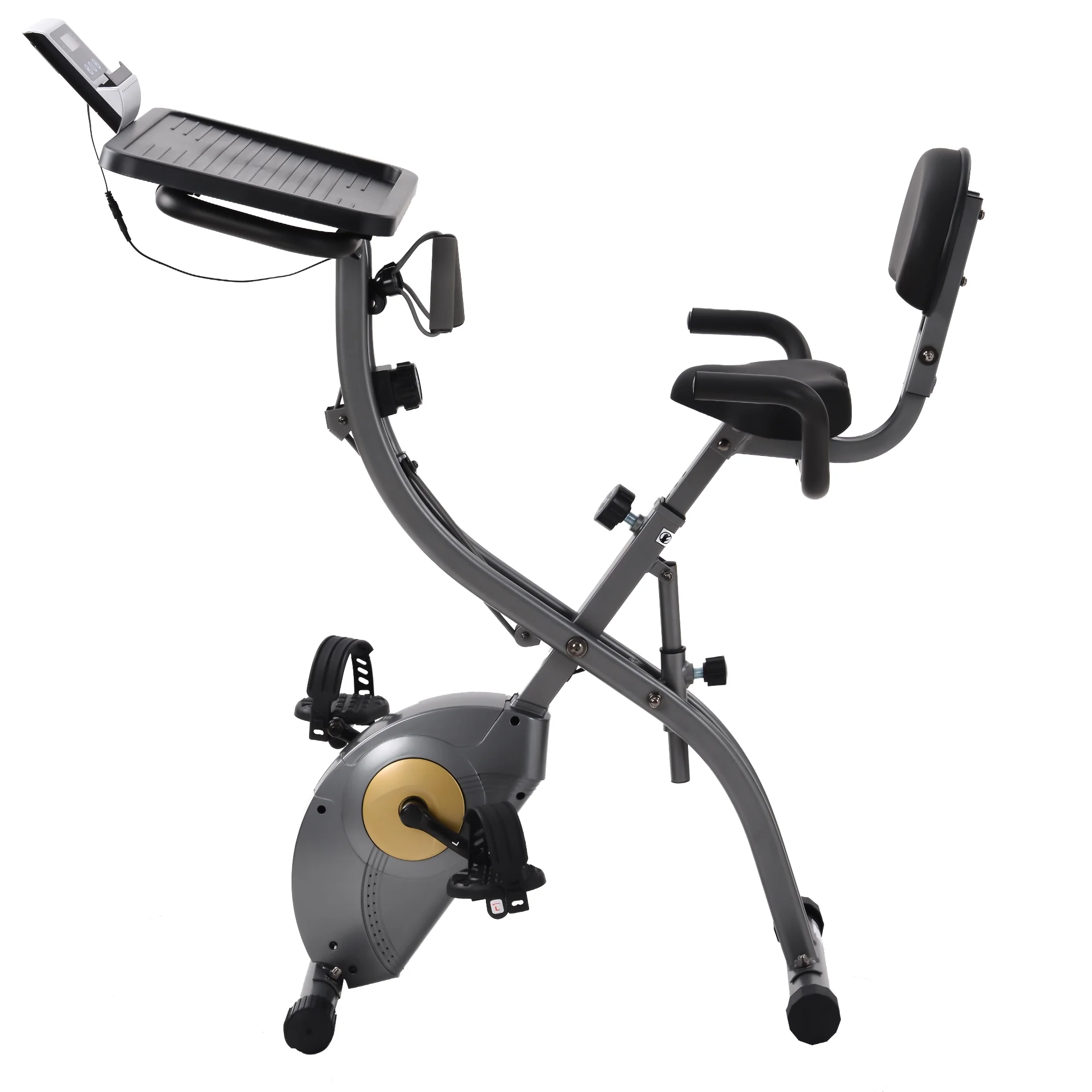 Merax 3 in 1 Exercise Bikes Folding Magnetic Upright Fitness Cycle with Desktop, Arm Resistance Bands and Extra-large Adjustable Seat