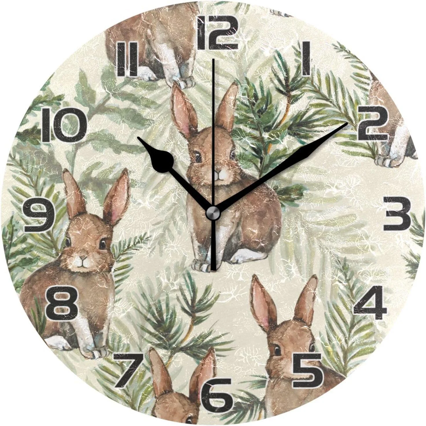 Rabbit Leaves Wall Clock Round Vintage Silent Non Ticking Battery Operated Accurate Arabic Numerals Design for Home Kitchen Living Room Bedroom Inch
