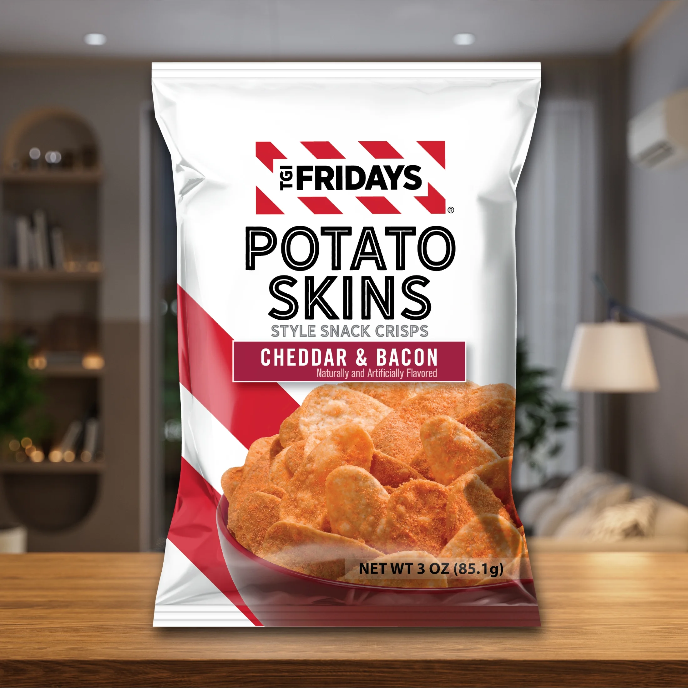 TGI Fridays Cheddar & Bacon Potato Skins Style Snack Crips, Gluten-Free, 3 oz Bag
