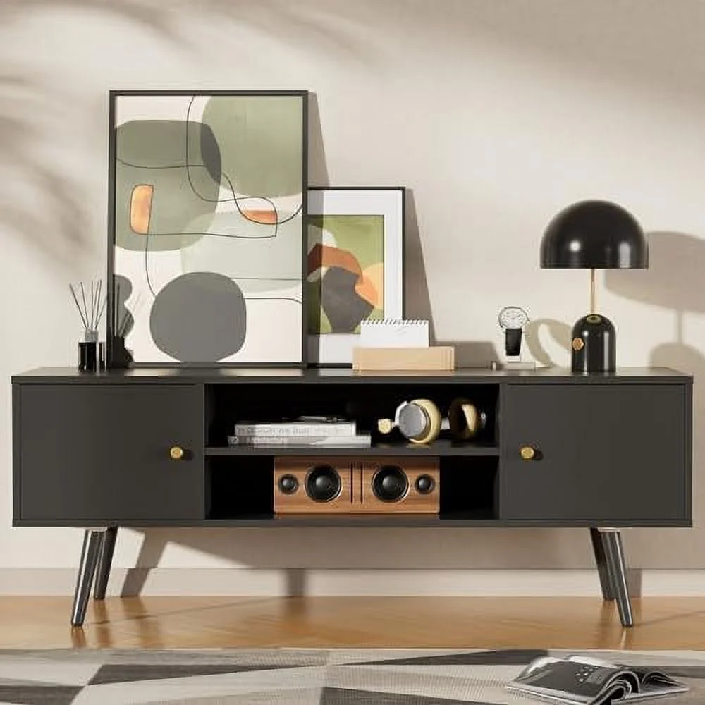 HYHBIBOOM TV Stand for 50/55/60 inch TV  Mid-Century Modern TV Stand with  Cabinets and Adjustable Shelves  Entertainment Center TV Console  TV Media for Living Room  Bedroom  Oak