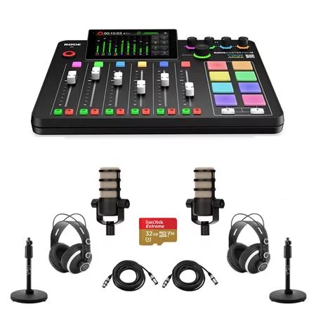 RODECaster Pro II Integrated Audio Production Studio Console Bundle with 2x PodMic Microphone, 2x TAPH500 Headphones, 2x Mic Stand, 2x M to F XLR Cable, 32GB microSD Card