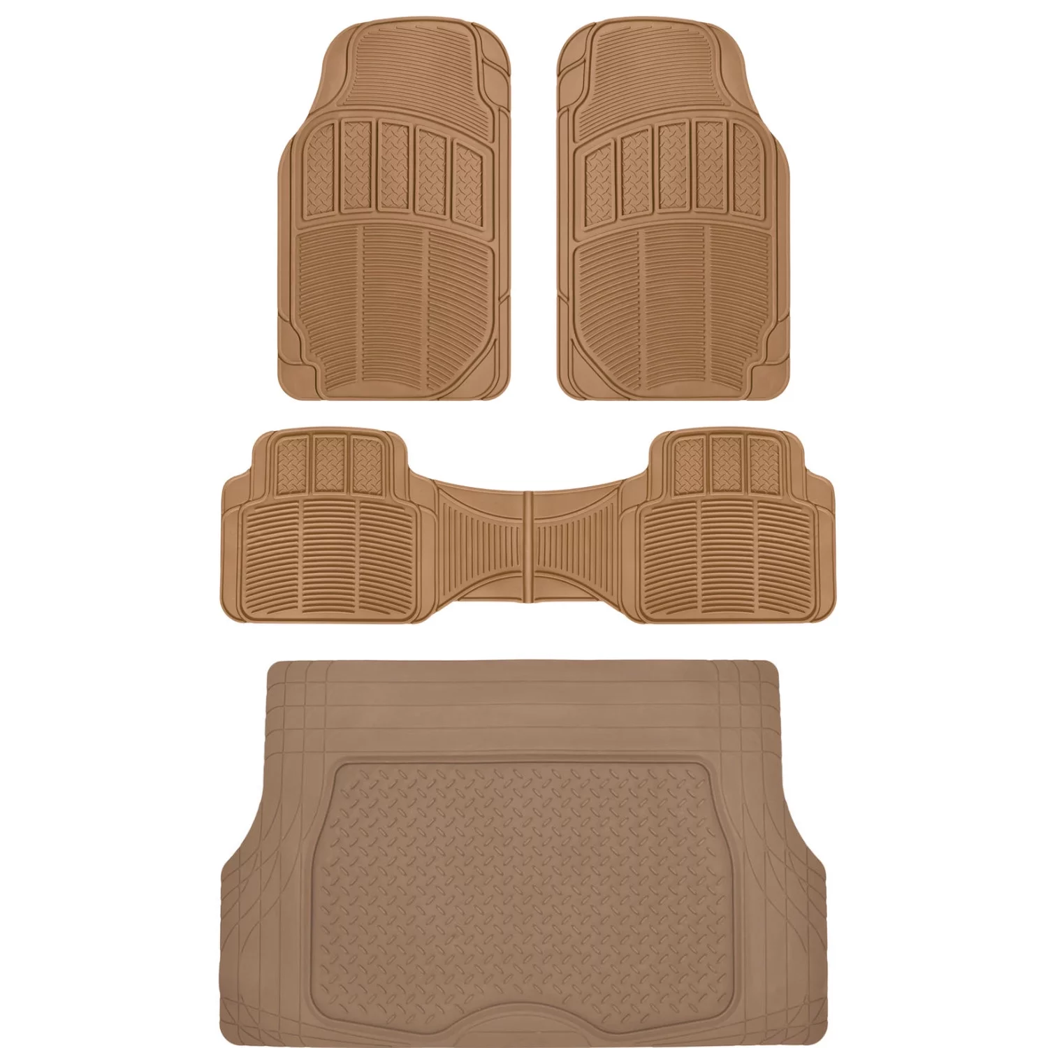 CarXS Proliners Classic Rubber Car Floor Mats - 4pc Front & Rear +Trunk Liner Heavy Duty Diamond Grid for Car Truck SUV Van - Beige