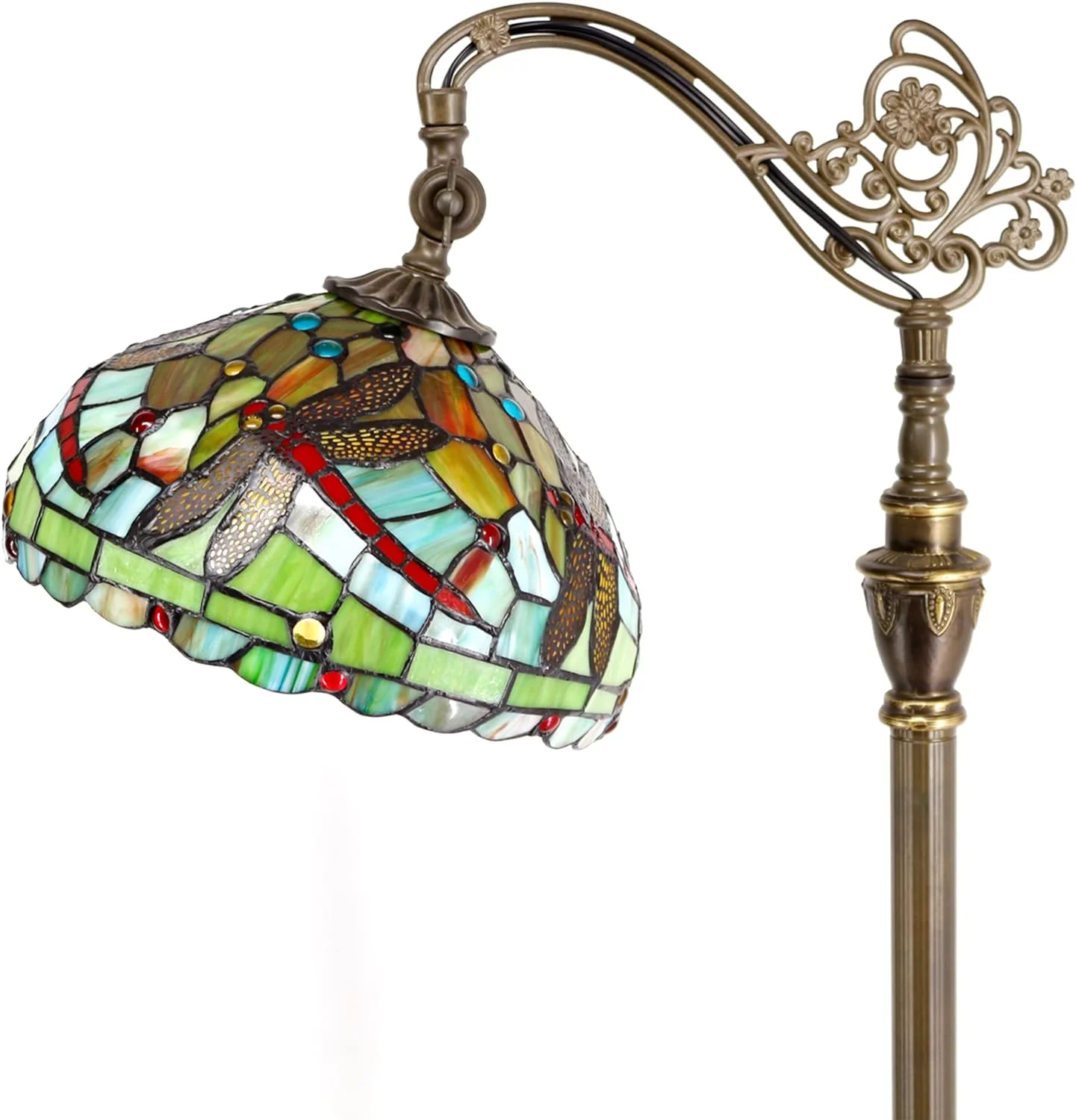 Tiffany Floor Lamp Stained Glass Lamp 18.88X12X67 Inch Angle Adjustable Arched Gooseneck Antique Reading Light (Green Red Dragonfly)