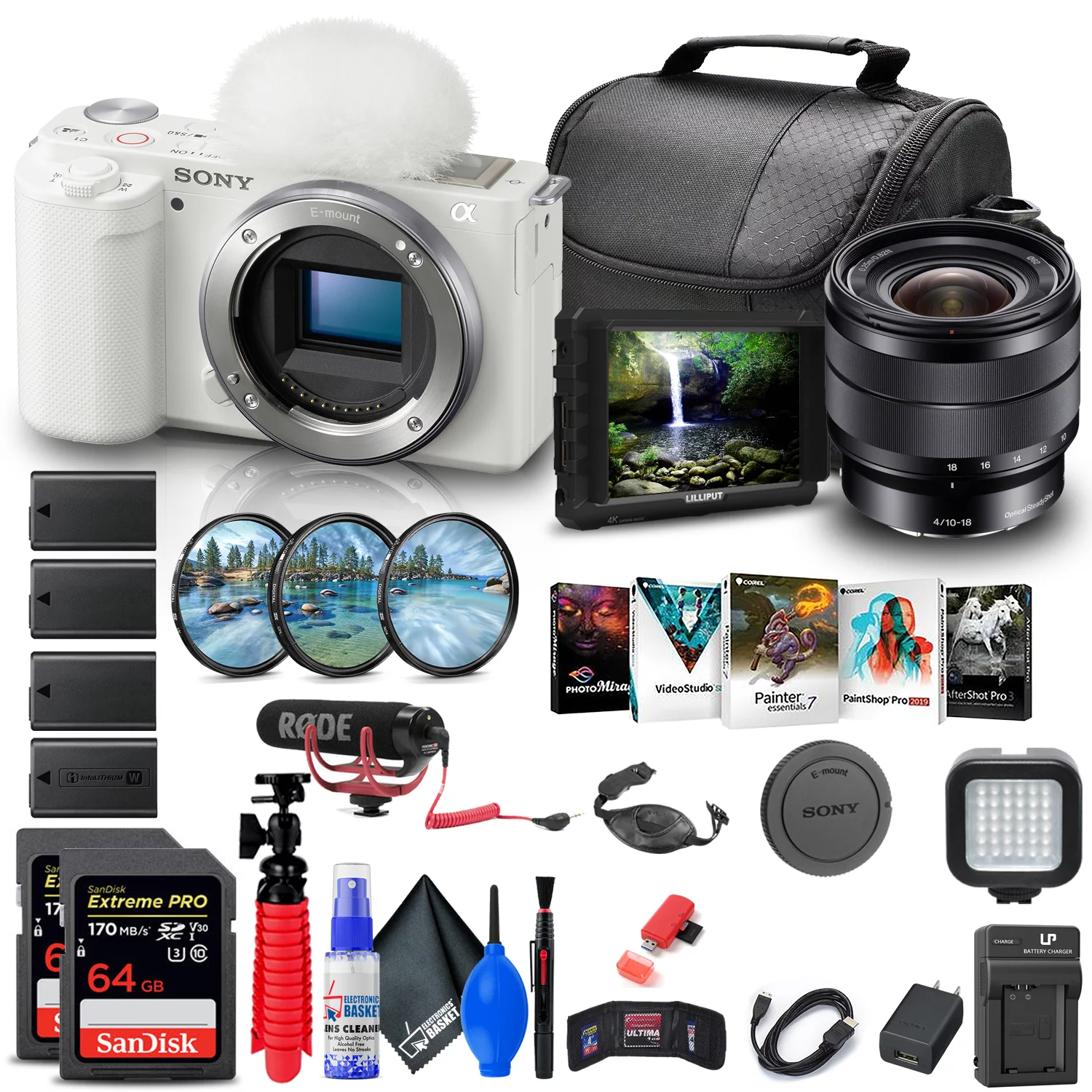 Sony ZV-E10 Camera + Sony E 10-18mm Lens + 4K Monitor + Pro Mic + More