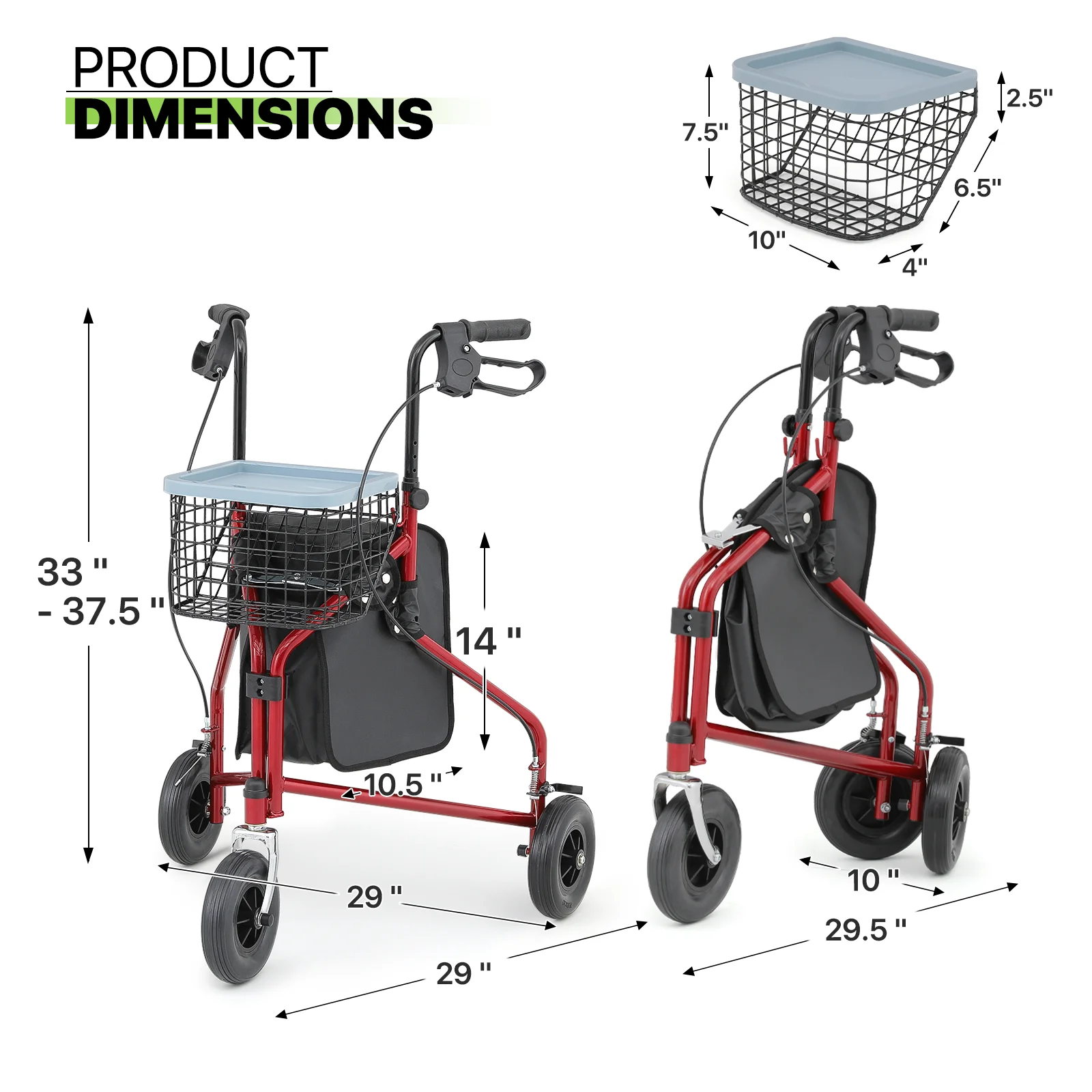 Magshion Folding Steel Rollator Walker, Rolling Walker with w/Oxford Bag & Detachable Basket for Adult, 3 Wheels 220lbs Weight Capacity, Burgundy Red Frame