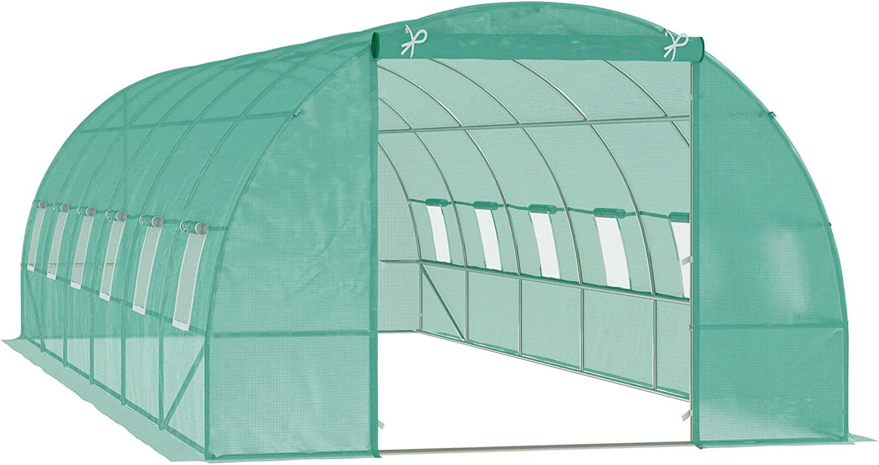 X 10' X 6.6' Walk-In Tunnel Hoop Greenhouse, PE Cover, Steel Frame, Roll-Up Zipper Door & 12 Mesh Windows For Flowers, Vegetables, Tropical Plants, Light Green