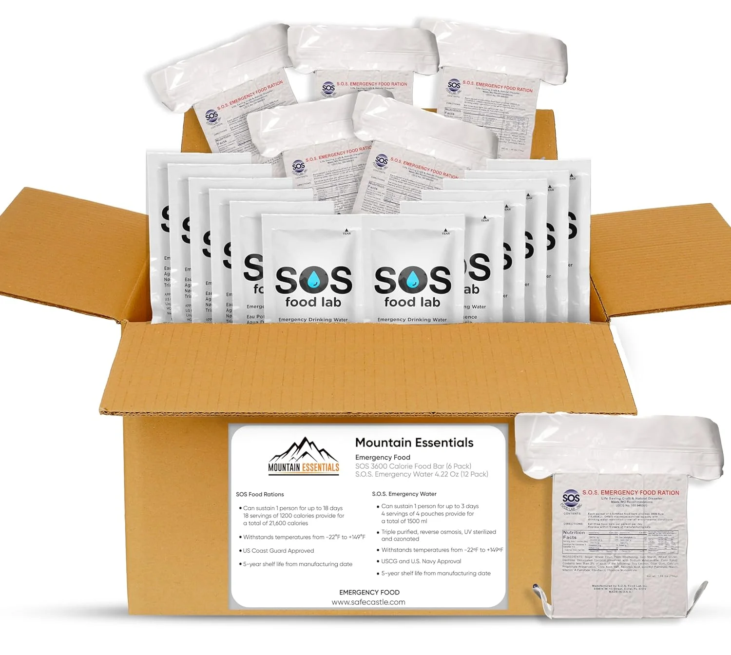 MOUNTAIN ESSENTIALS Emergency Food Rations SOS 3600 Calorie Food Bar 6 Pack & S.O.S. Emergency Water 4.22 Oz Pack of 12 with 5 Year Shelf Life | Preparedness Kit for Outdoor Camping, Hiking