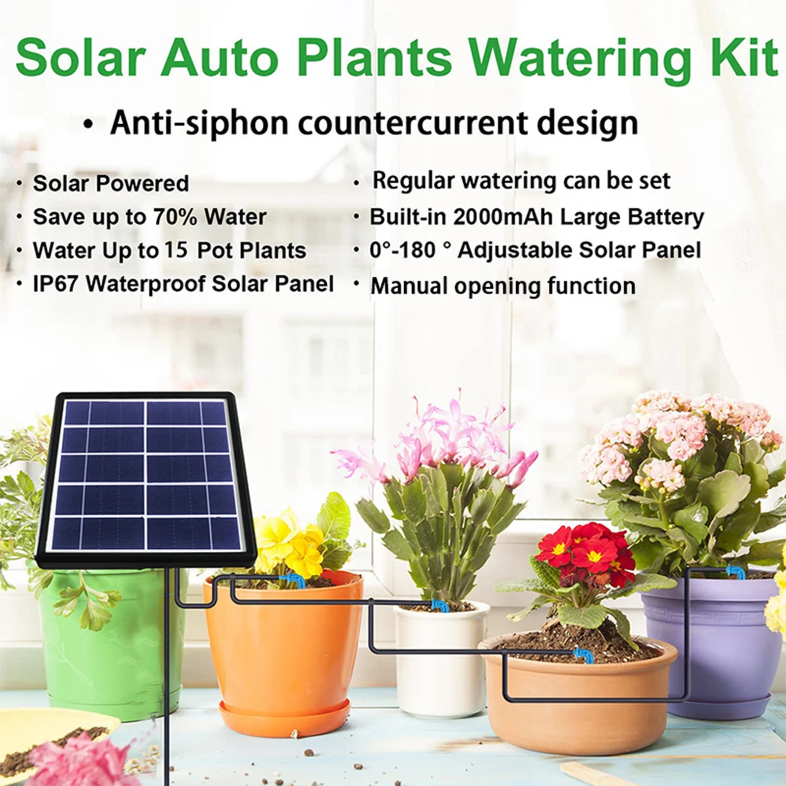 Solar Automatic Drip Irrigation Kit Anti-siphon Solar Powered Irrigation System for Garden Balcony 1-600s Timer Easy DIY Self Watering Device Supported 10-15 Pots Plants
