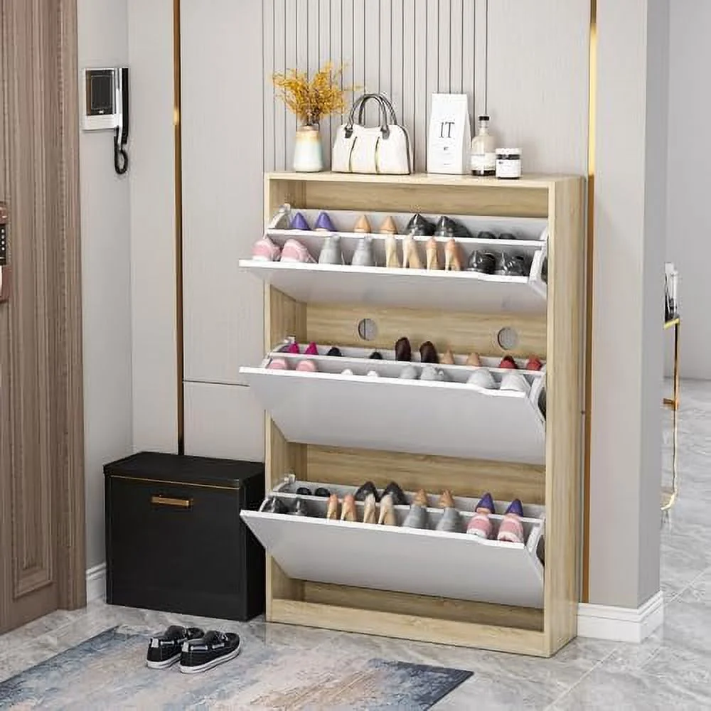 HOOMHIBIU Shoe Cabinet for Entryway  Shoe Cabinet with 3 Flip Drawers  Freestanding Wood Shoe Organizer  Hidden Shoes  Cabinet Slim Shoe Cabinet Wall Hidden Shoe Cabinet for Home and Apar