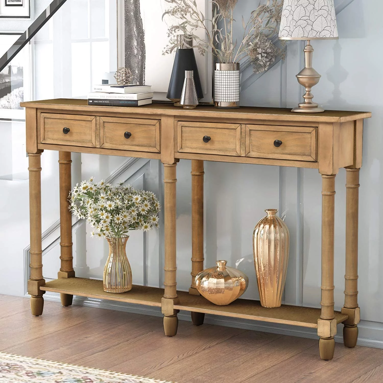 Retro Console Table Sofa Table for Entryway with Drawers and Shelf Living Room Table (Old Pine)