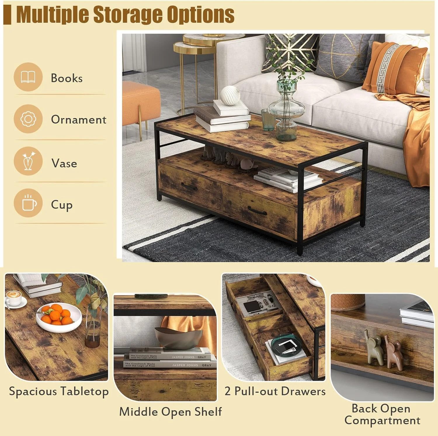 ZFGSUIJN Industrial Wood Coffee Table - Living Room Rectangular Center Table w/ 2 Drawers & Open   Accent Sofa Console Table w/Sturdy Metal Frame & Wooden Top  Rustic Brown