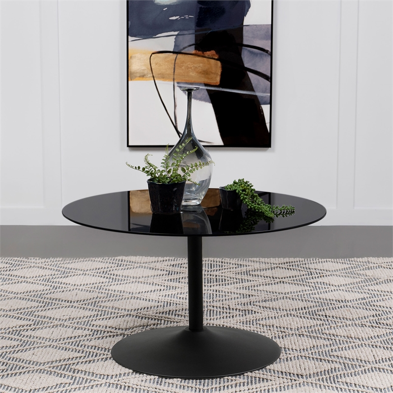 Pemberly Row Round Metal Coffee Table with Tempered Glass Top Black