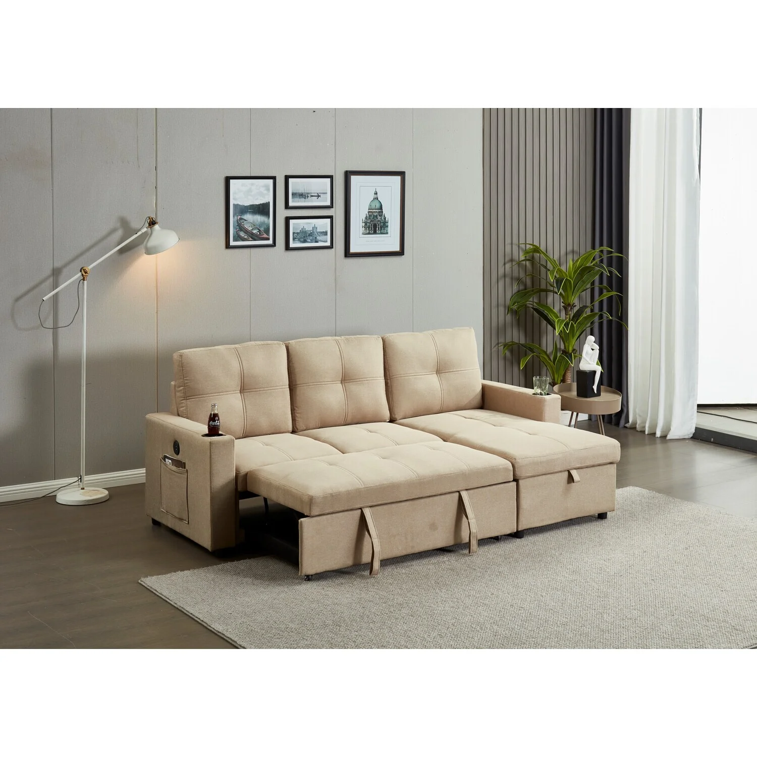 Maykoosh Eclectic Elegance Fabric Reversible Sleeper Sectional With Usb In Brown