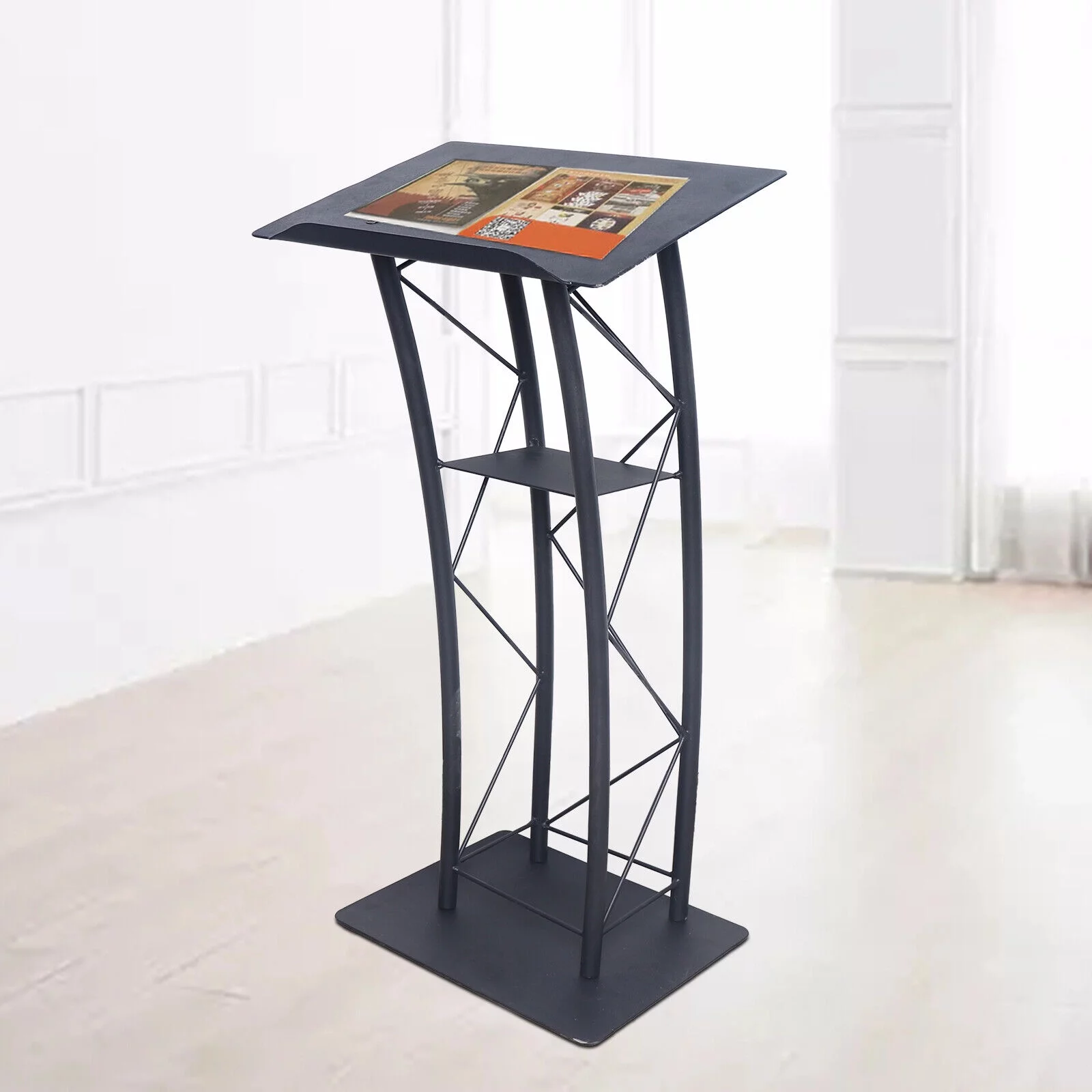 Lecture Speaking Stand Black Wrought Iron Curved Church Podium Truss Metal Wood Pulpit Presentation