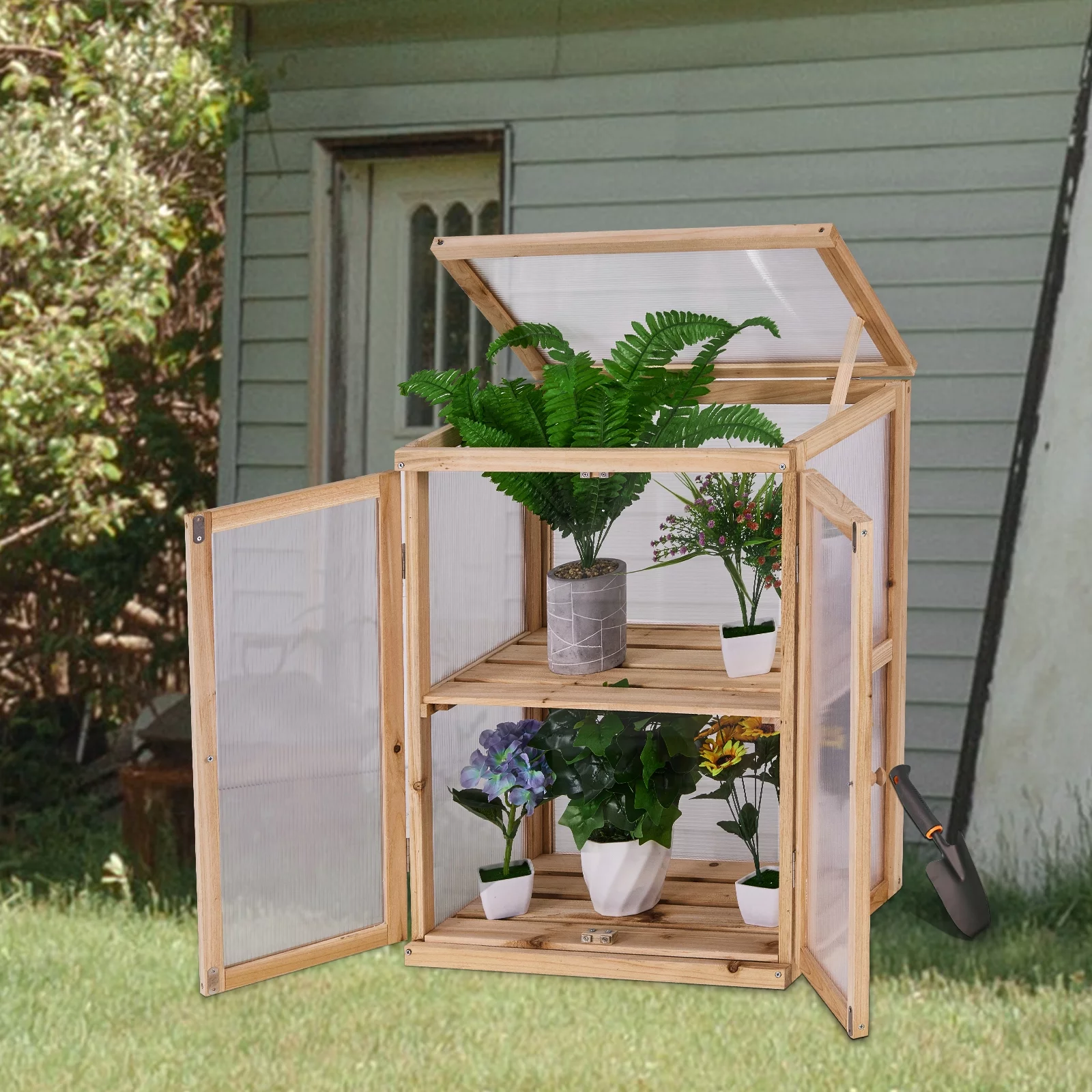 Greenhouse Mini Nursery Vented Garden Planter Wood Front Opening Door 2 Tier 22X14X29