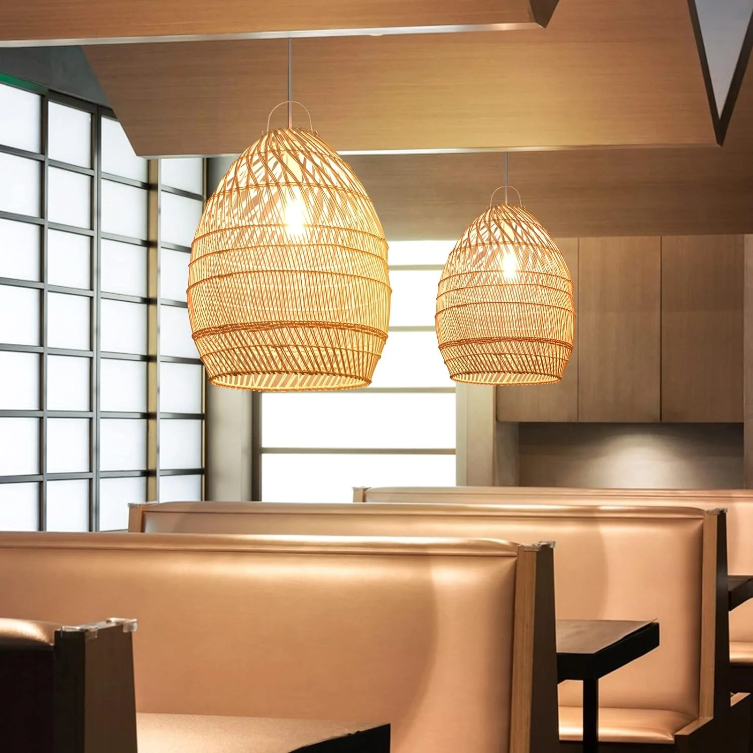 RUO Boho Wicker Chandelier Lamp, Rustic Rattan Basket Pendant Light Fixture Coastal Crafts Lampshade, Farmhouse Hanging Ceiling Lighting for Kitchen Island Dining Room