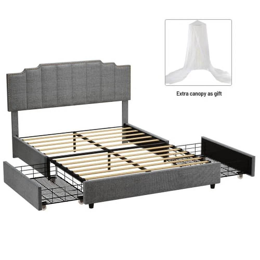 DremFaryoyo Queen Size Upholstered Platform Bed Linen Bed Frame with 2 Drawers Stitched Padded Headboard with Rivets Design Strong Bed Slats System No Box Spring Needed Grey