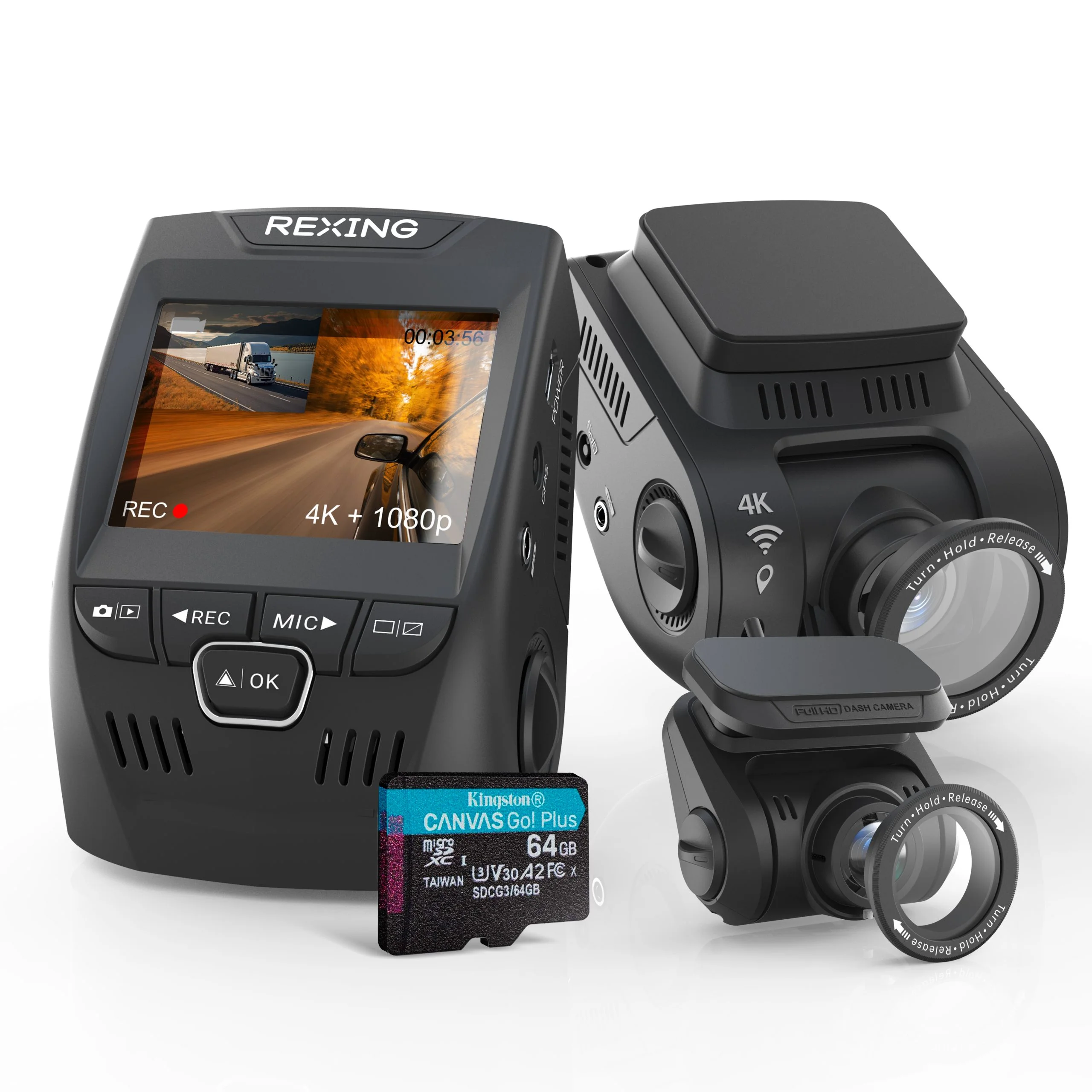 Rexing V1P SE 4K Dual Dash Cam w/GPS, Wi-Fi & 2pcs-CPL Filter, Front 2160p, Rear 1080p, and 64GB Memory Card Included
