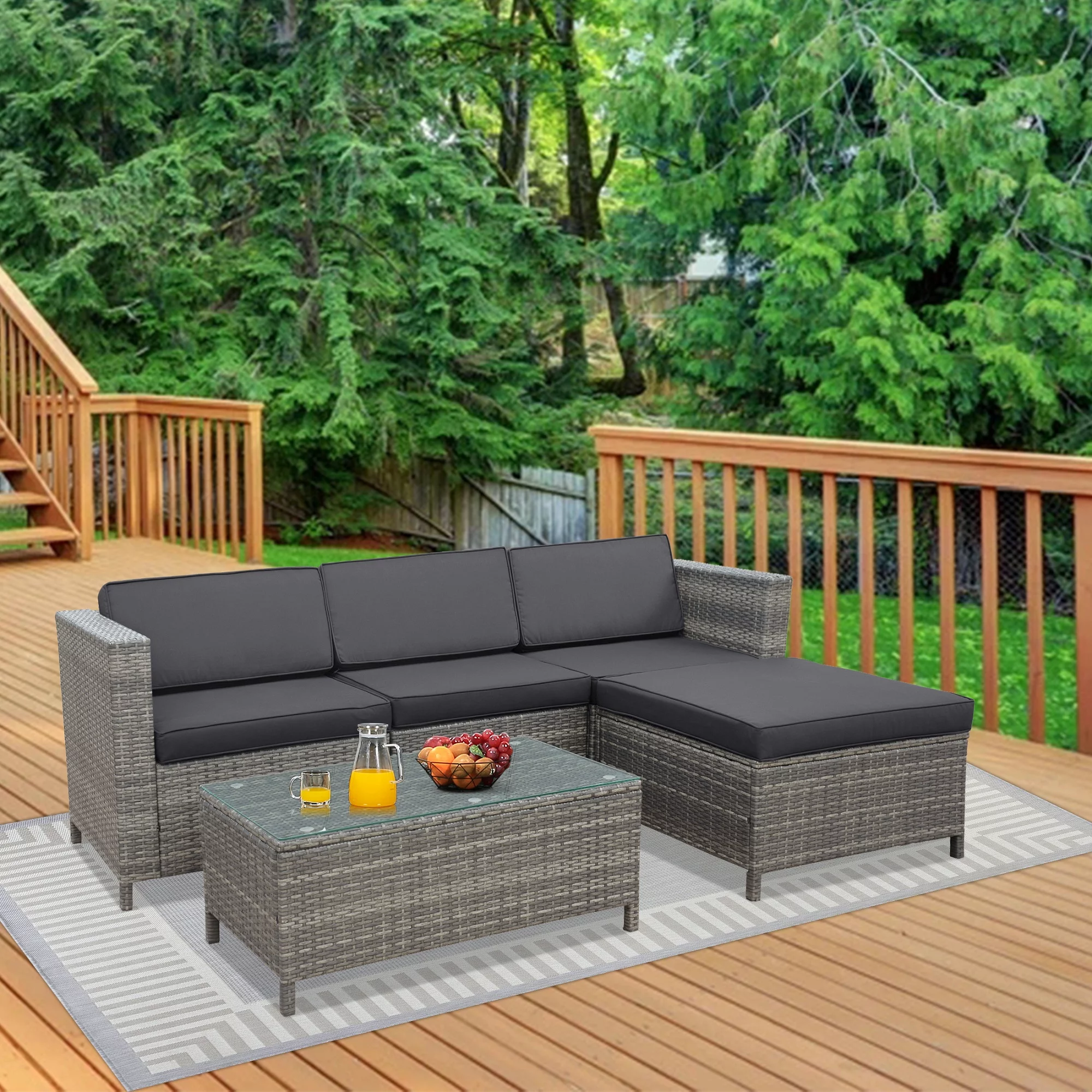 CozyHom 5 PCS Outdoor Patio Wicker Sectional Dining Conversation Set, All Weather Indoor Wicker Sofa Furniture Sets L Shaped Outdoor Couch With Ottoman, Gray