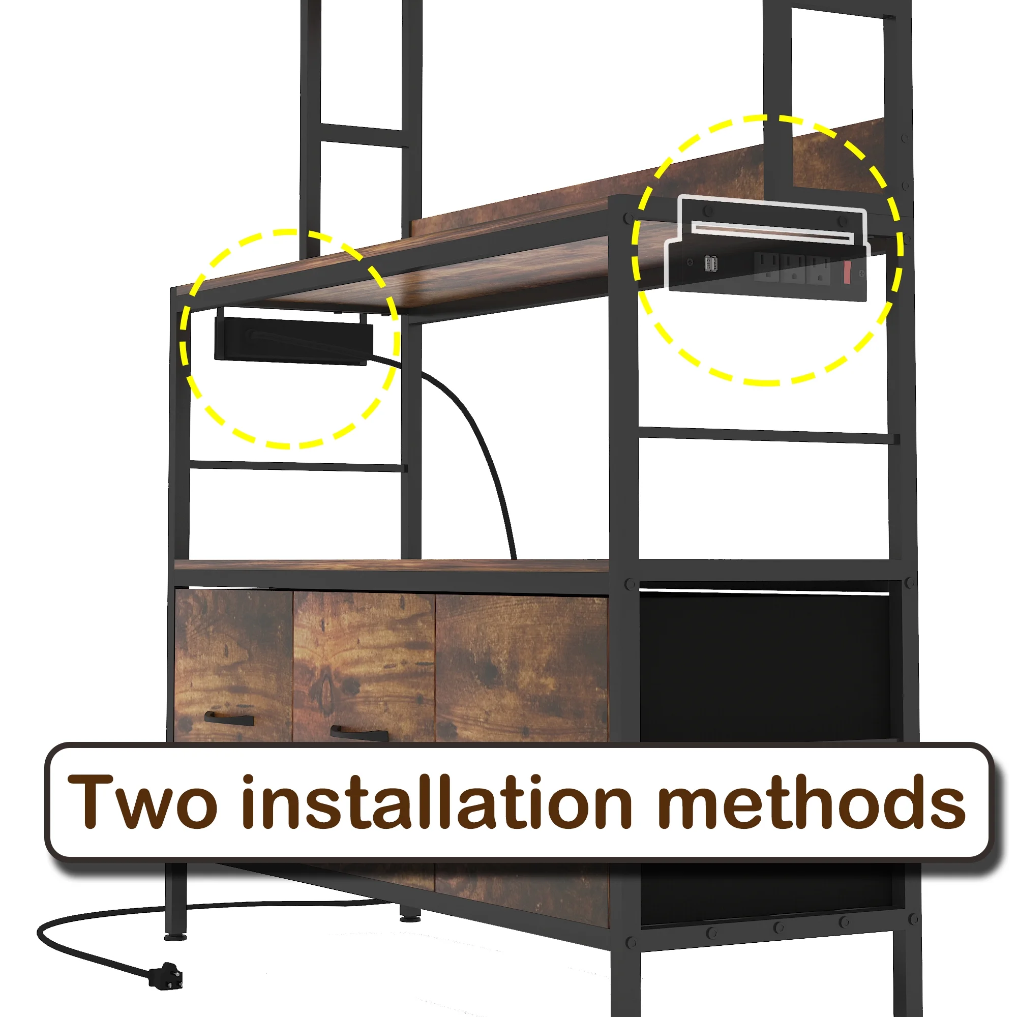 NAIYUFA Bakers Rack with Power Outlet 5-Tier Kitchen Wood Large Microwave Oven Stand with Pegboard,3 Fabric Drawers,Hooks,Brown