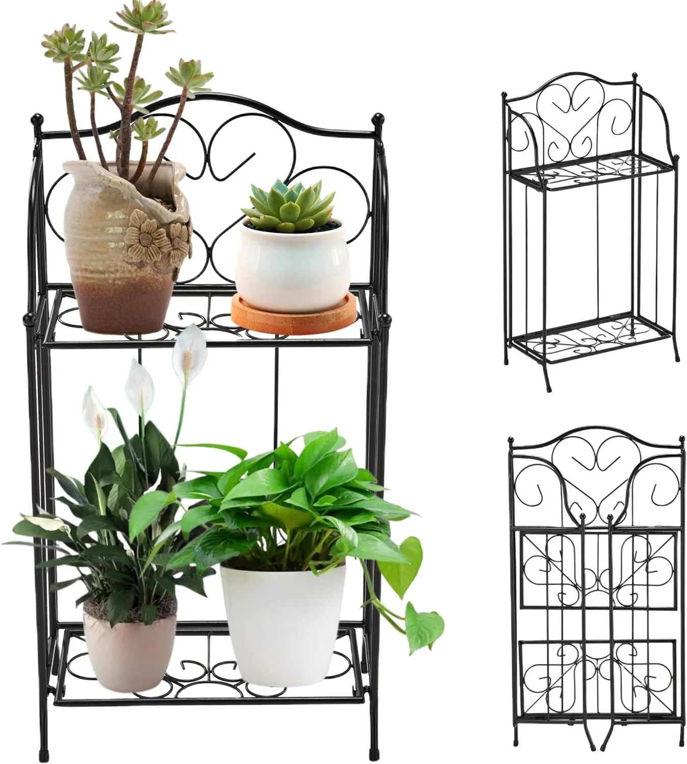 Foldable 2 Tier Metal Plant Stand Scrollwork Design Indoor and Outdoor Flower Rack Pot Shelf Home Storage Organizer Shelf, Black