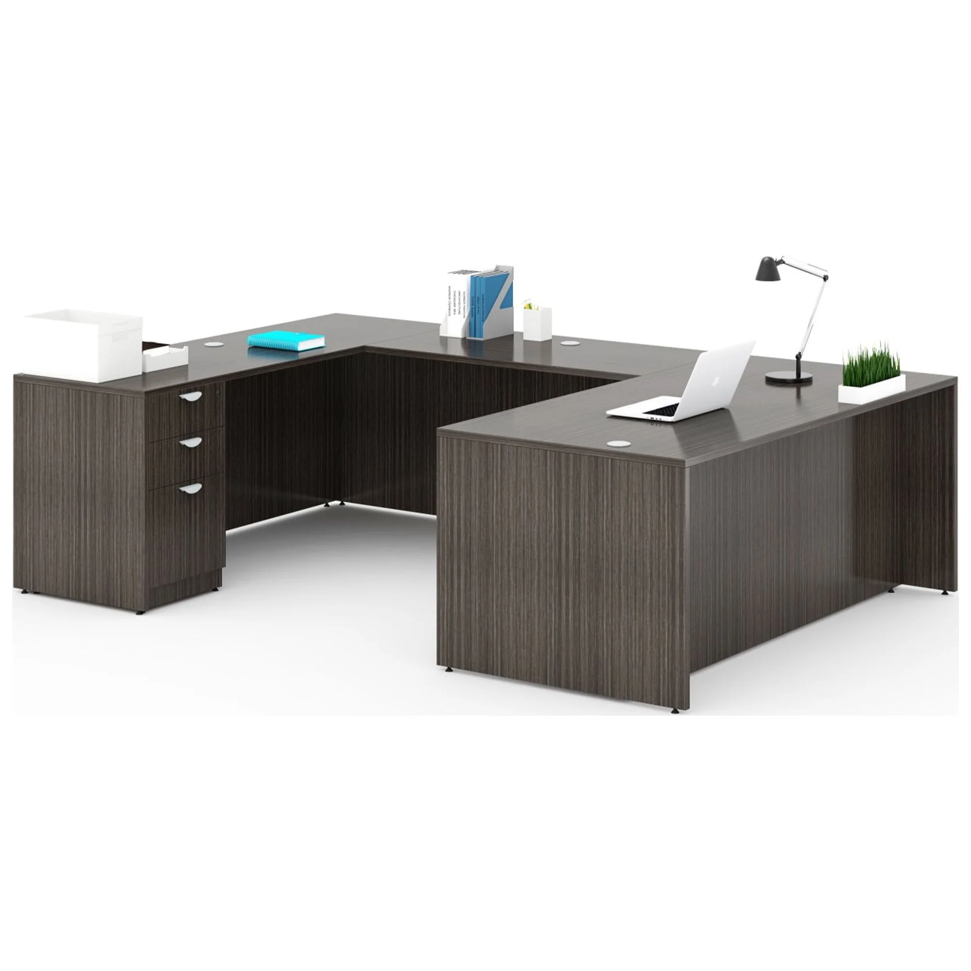 Boss Office Products 66 Inch Executive U-Shape Desk with Box/Box/File Storage Pedestal, Driftwood