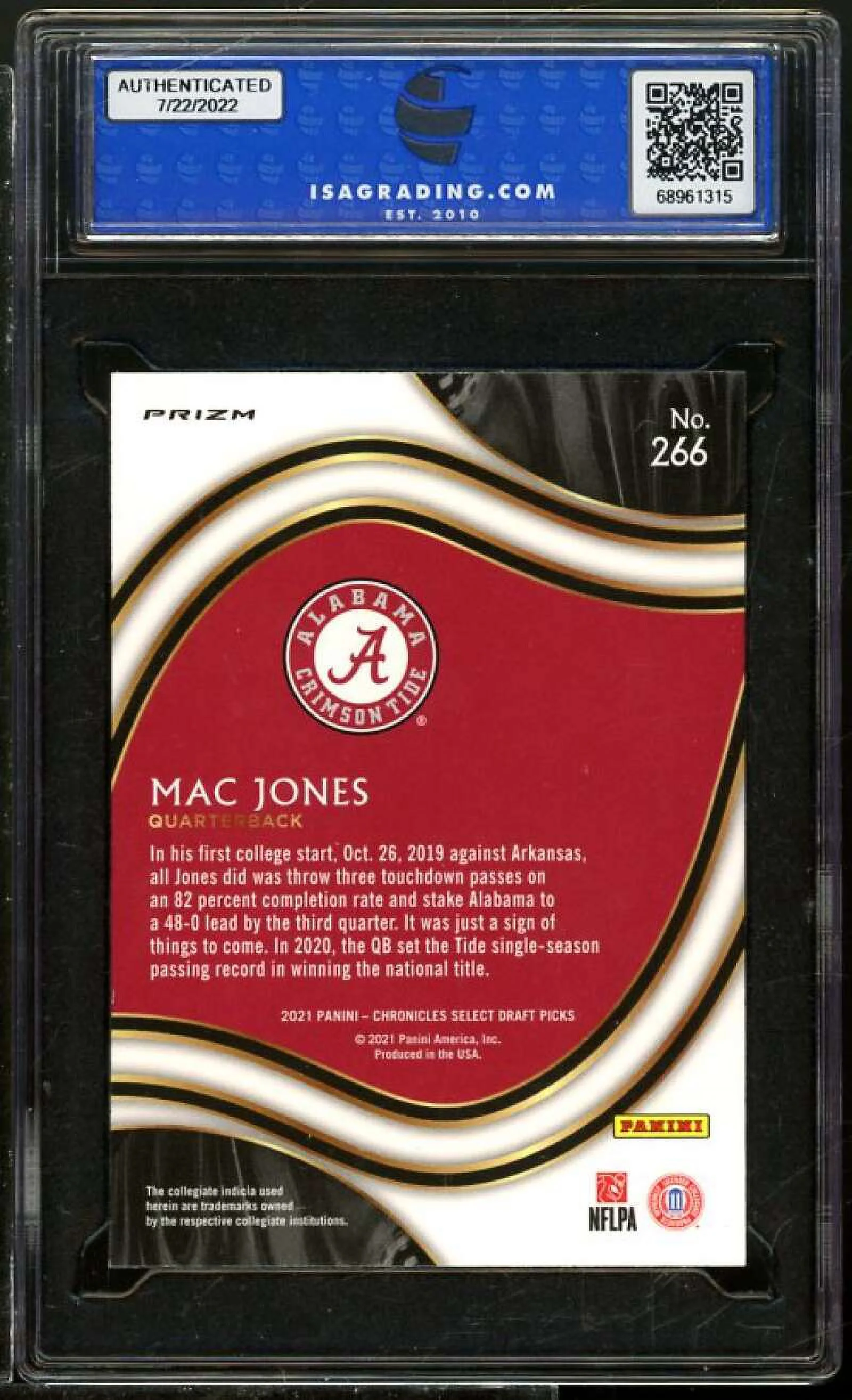 Mac Jones Rookie Card 2021 Panini Chronicles D.P. Select Silver #266 ISA 9 MINT