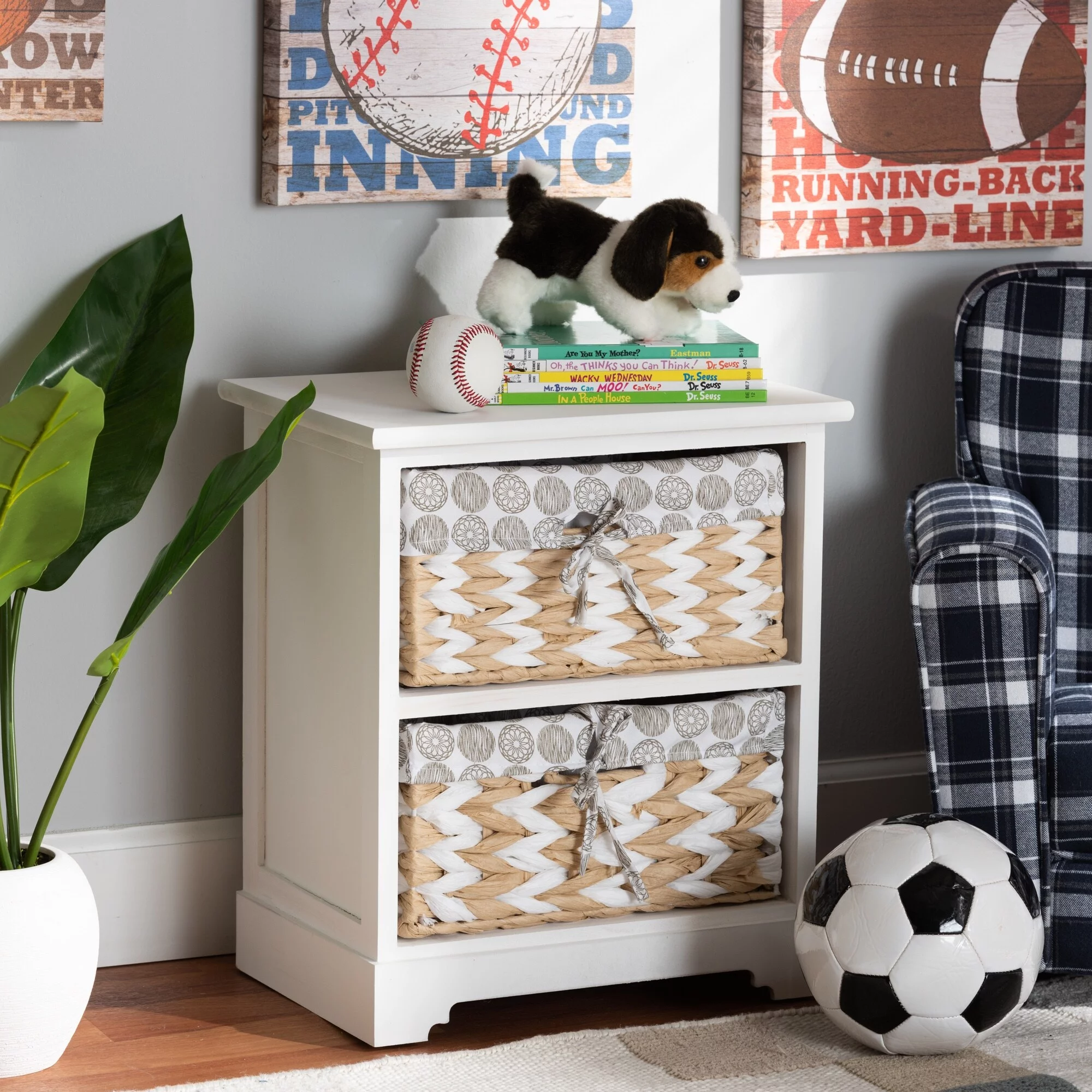 Baxton Studio Rianne Modern White Wood Storage with Two Natural-toned Willow Baskets