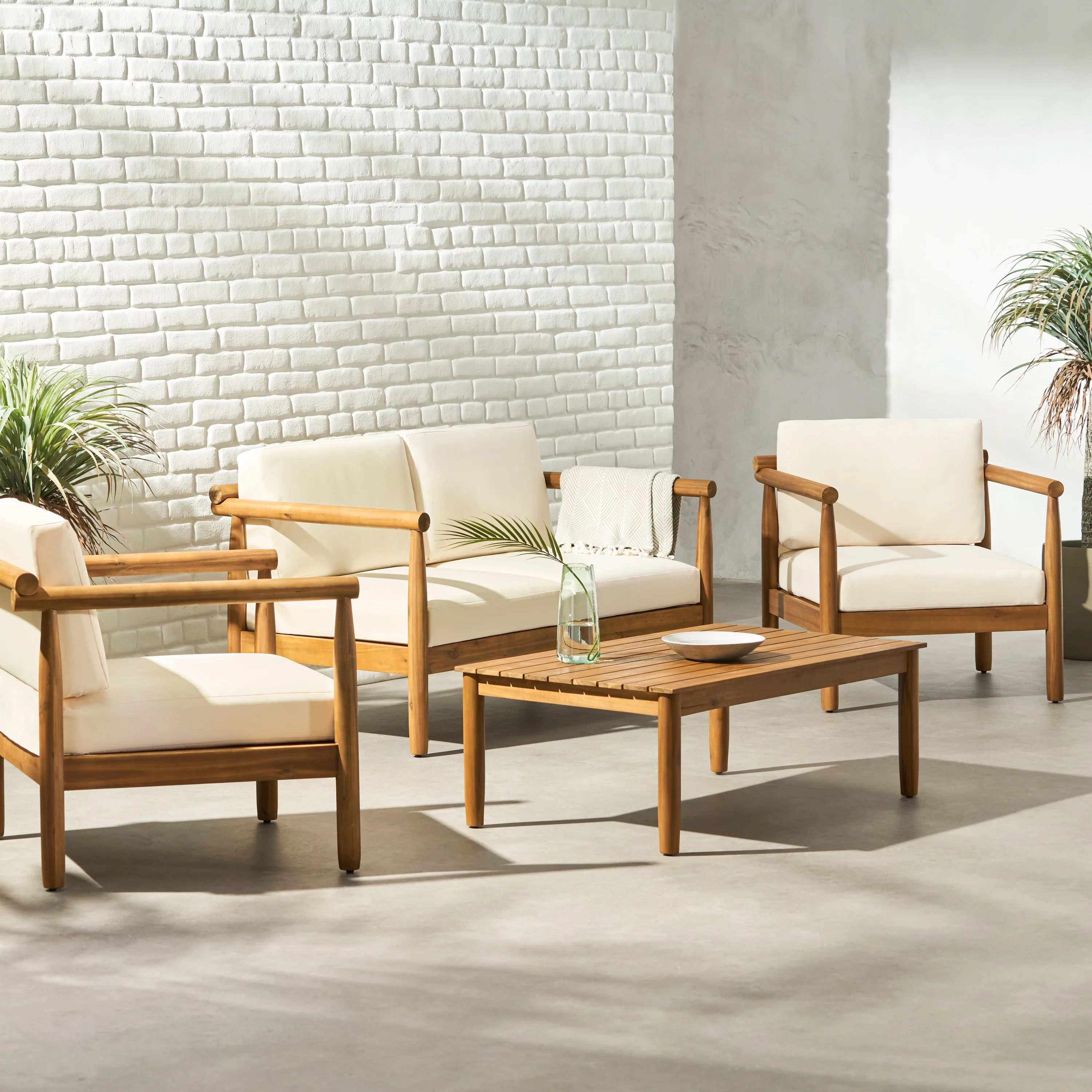 GDF Studio Benewah Outdoor Acacia Wood 4 Seater Chat Set with Cushions, Teak and Cream