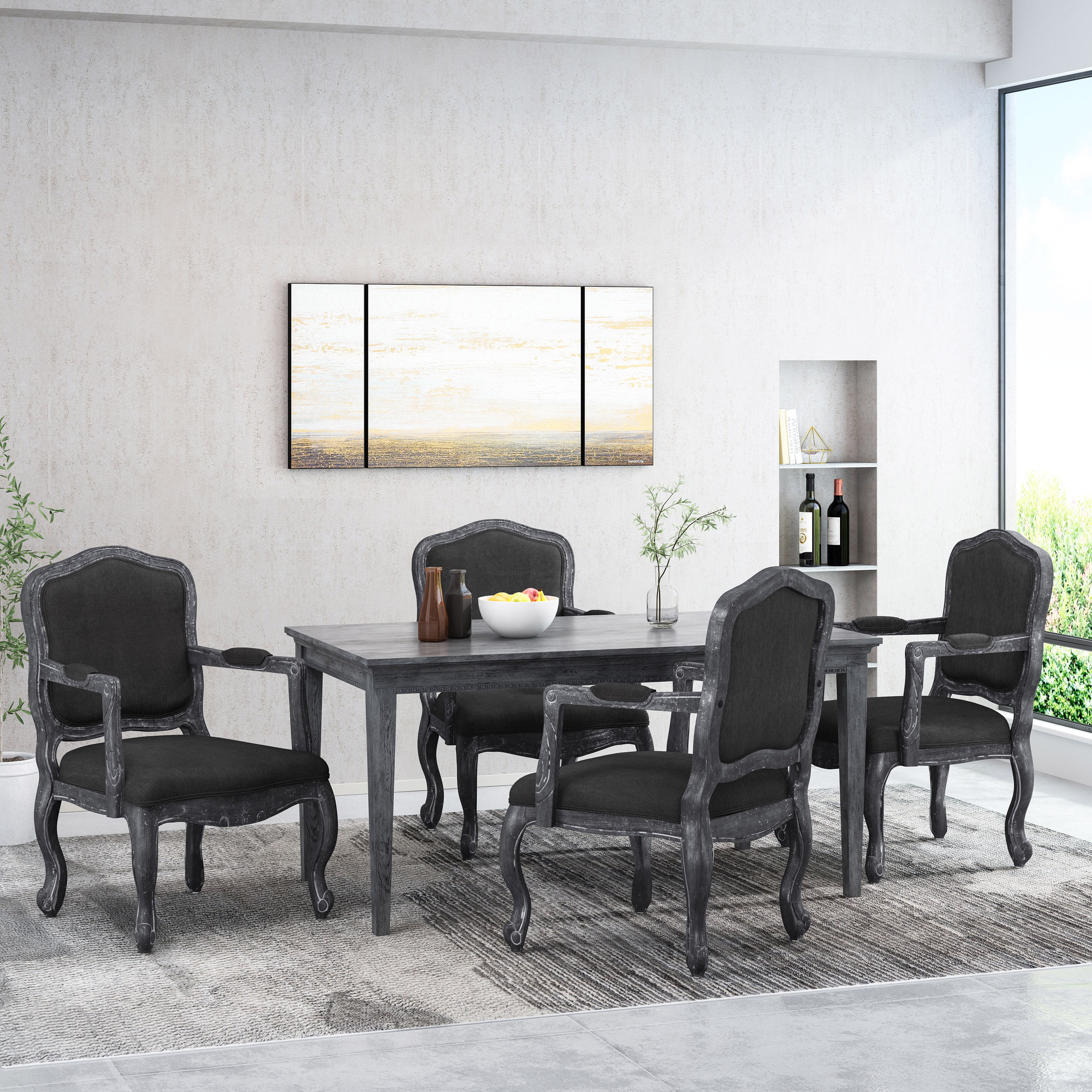 GDF Studio Maria French Country Fabric Wood Upholstered Dining Armchairs, Set of 4, Black and Gray