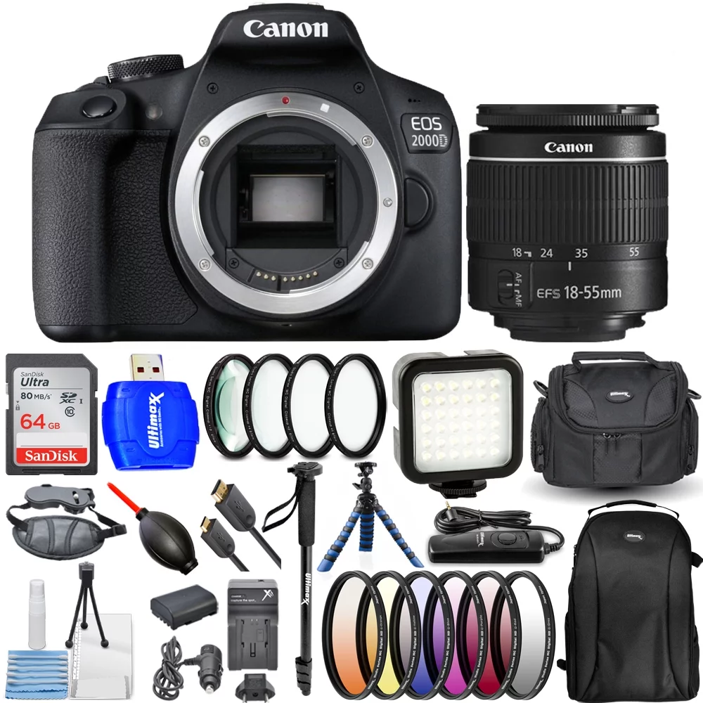 Canon EOS 2000D / Rebel T7 with 18-55mm III Lens + Extra Battery + 64GB + Flash Bundle