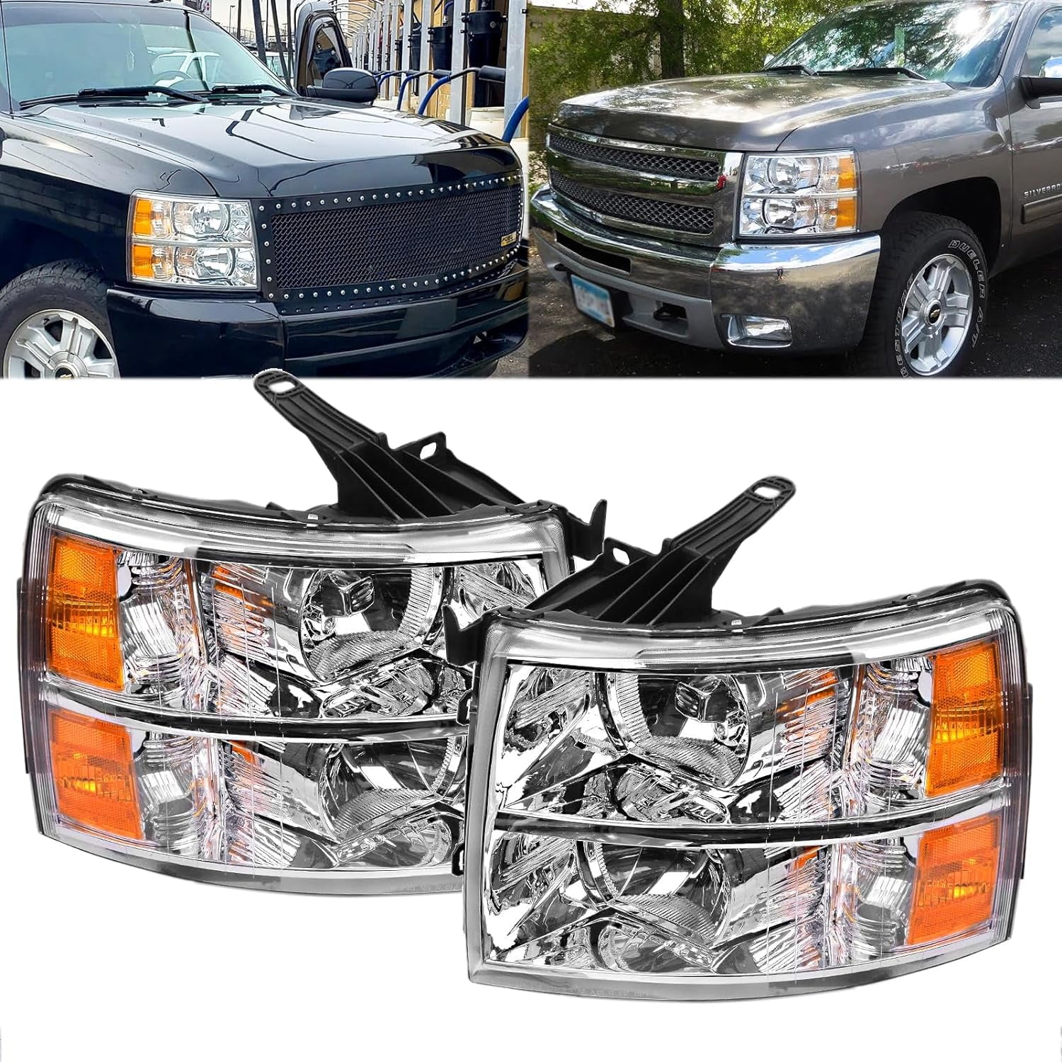 Yellow Housing Headlight Assembly compatibel with 2007-2013 Chevy Silverado 1500, 07-14 Silverado 2500HD 3500 Headlights Headlamp Replacement Pair, Clear Side