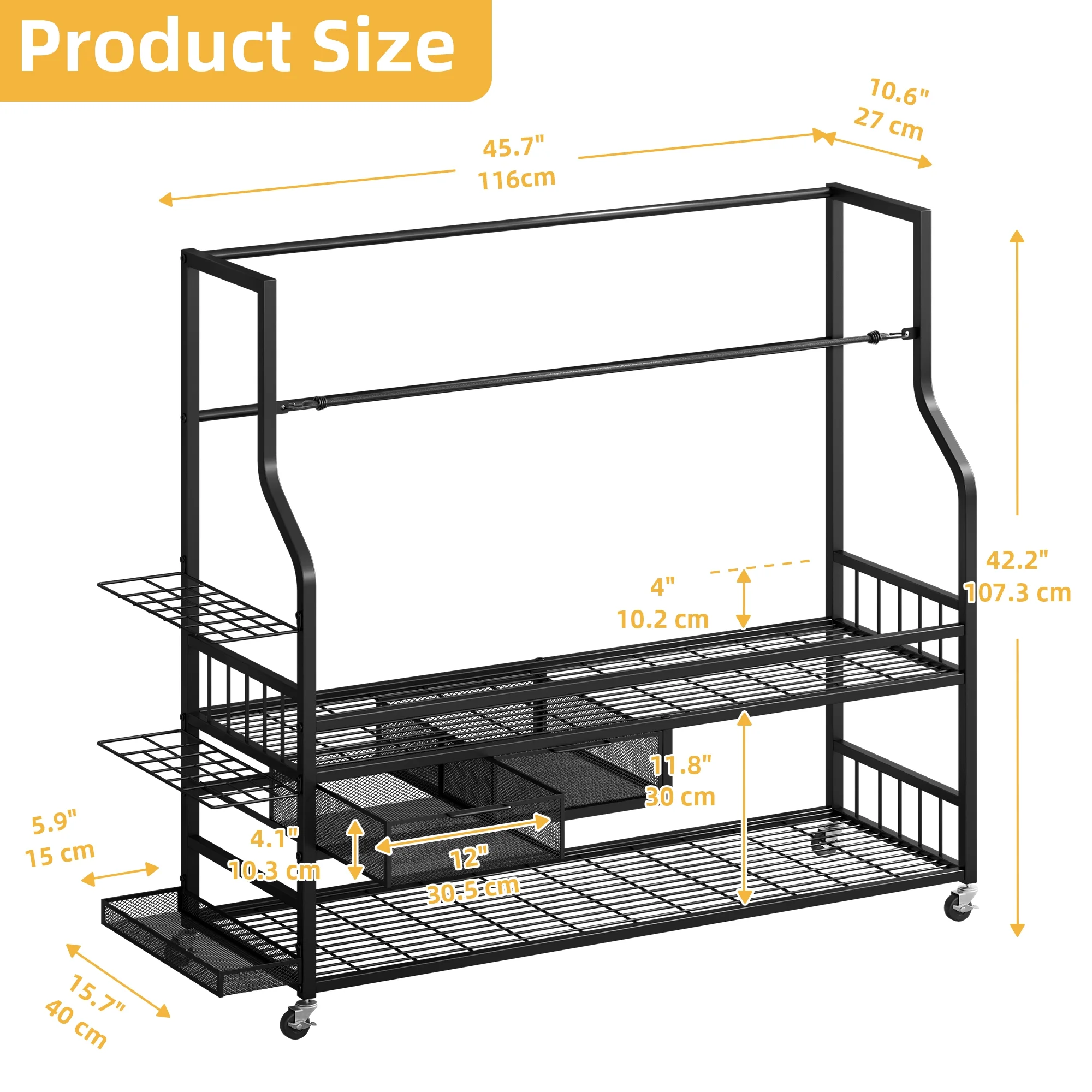 DWVO Golf Bags Storage Garage Organizer, Golf Bag Rack Fits 4 Golf Bags and Golf Equipment Accessories, Golf Club Storage Stand with Metal Shelf and Lockable Wheels for Garage Indoor Basement