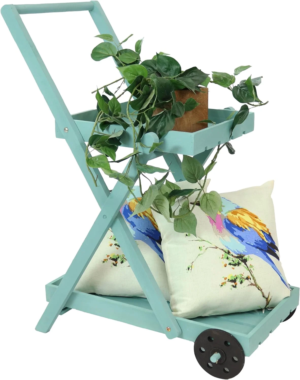LIANMEI 2-Tiered Flower Garden Cart with Built-In Handle - Fir Wood - 20 lb Weight Capacity - 34” H - Robin Egg Blue
