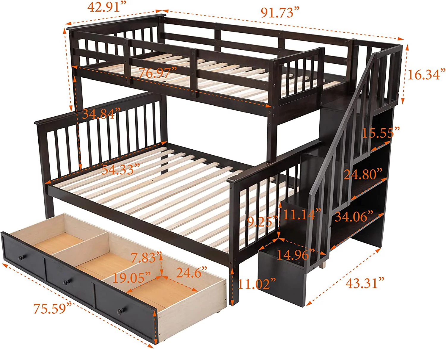 Over Full Bunk Bed With Stairs And Storage Drawers, Hardwood Stairway Bunk Bed Frame For Kids Teens Adults, Bedroom, Dorm - Espresso, HJH-LT219AAP