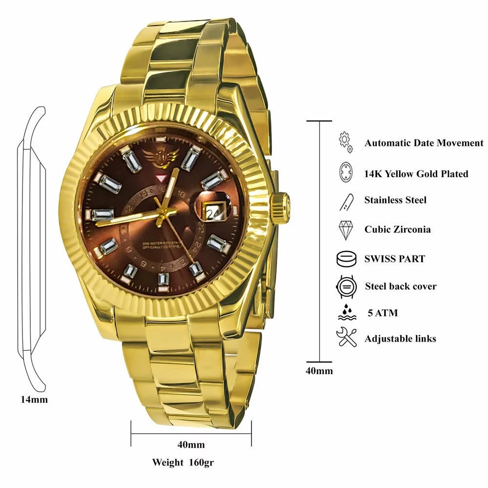 Men's Solid Steel Brown Dial 18K Gold Finish Simulated Diamond 40mm Watch W/Date