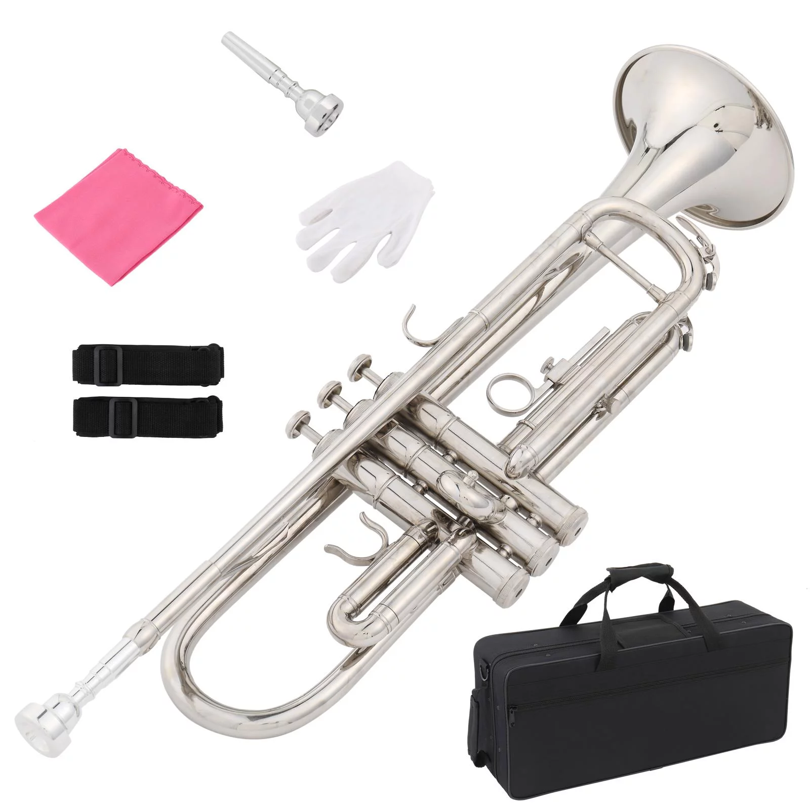 GoDecor Beginner Bb Tone Adjustable Trumpet Set with Case for Student School Band, Silver