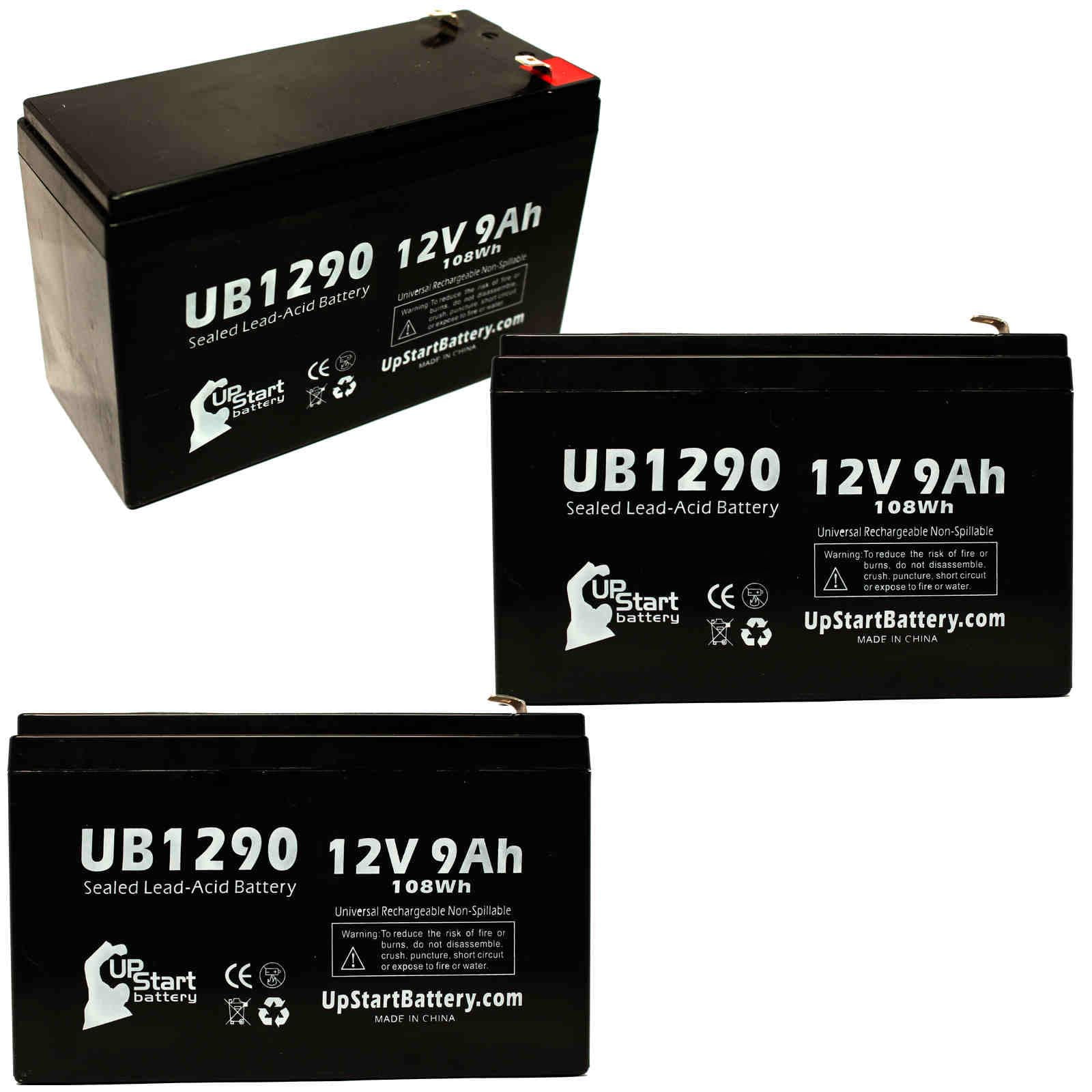 3x Pack - Compatible Zhongshan Hengli CB7512F19 Battery - Replacement UB1290 Universal Sealed Lead Acid Battery (12V, 9Ah, 9000mAh, F1 Terminal, AGM, SLA) - Includes 6 F1 to F2 Terminal Adapters