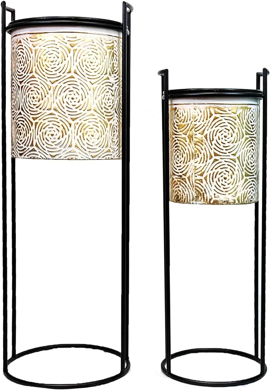 Deluxe 2-Set Galvanized Planter Indoor And Outdoor Decoration-Gold Rose Round Stand-HD88351