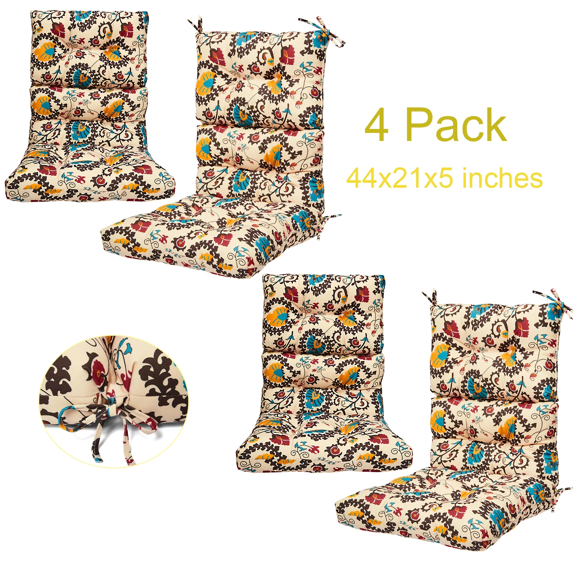 YouLoveIt 4 Pack High Back Chair Cushion Thick Seat Cushion Garden Home Office Chair Padded Outdoor Patio Seat Cushion for Patio Garden Decor with Ties, 44