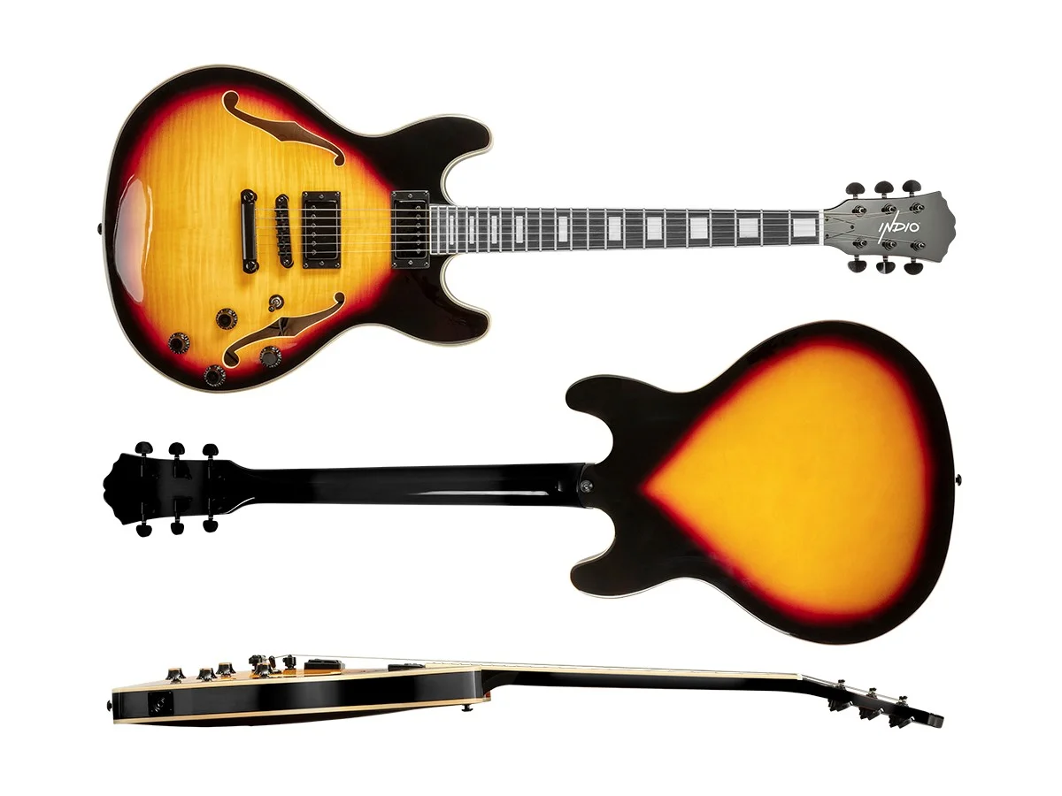 Monoprice Indio Boardwalk Flamed Maple Hollow Body Electric Guitar - Sunburst, With Gig Bag