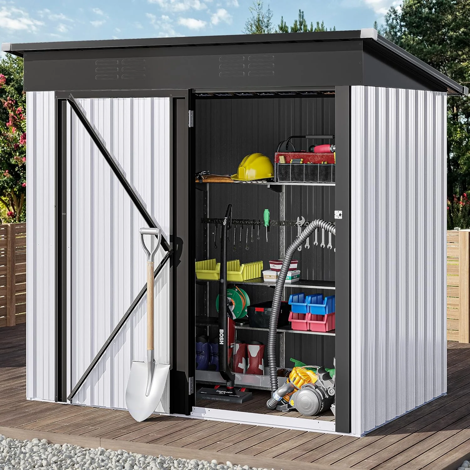 Outdoor Storage Shed 5X3ft, Heavy Duty Metal Tool Sheds Storage House With Lockable Door & For Garden, Patio, Lawn To Store Bikes, Trash Bins, Tools, Lawnmowers,White