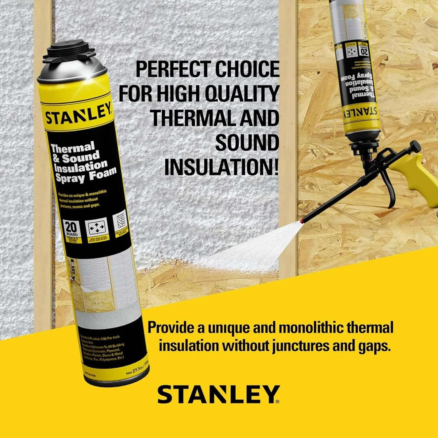 Stanley Supercoat Spray Foam Insulation Kit - Closed Cell Spray Foam Covers up to 20 Board feet. - Including Gun, Cleaner - 27.1 oz, 1 Pack + Cleaner + Spray Gun