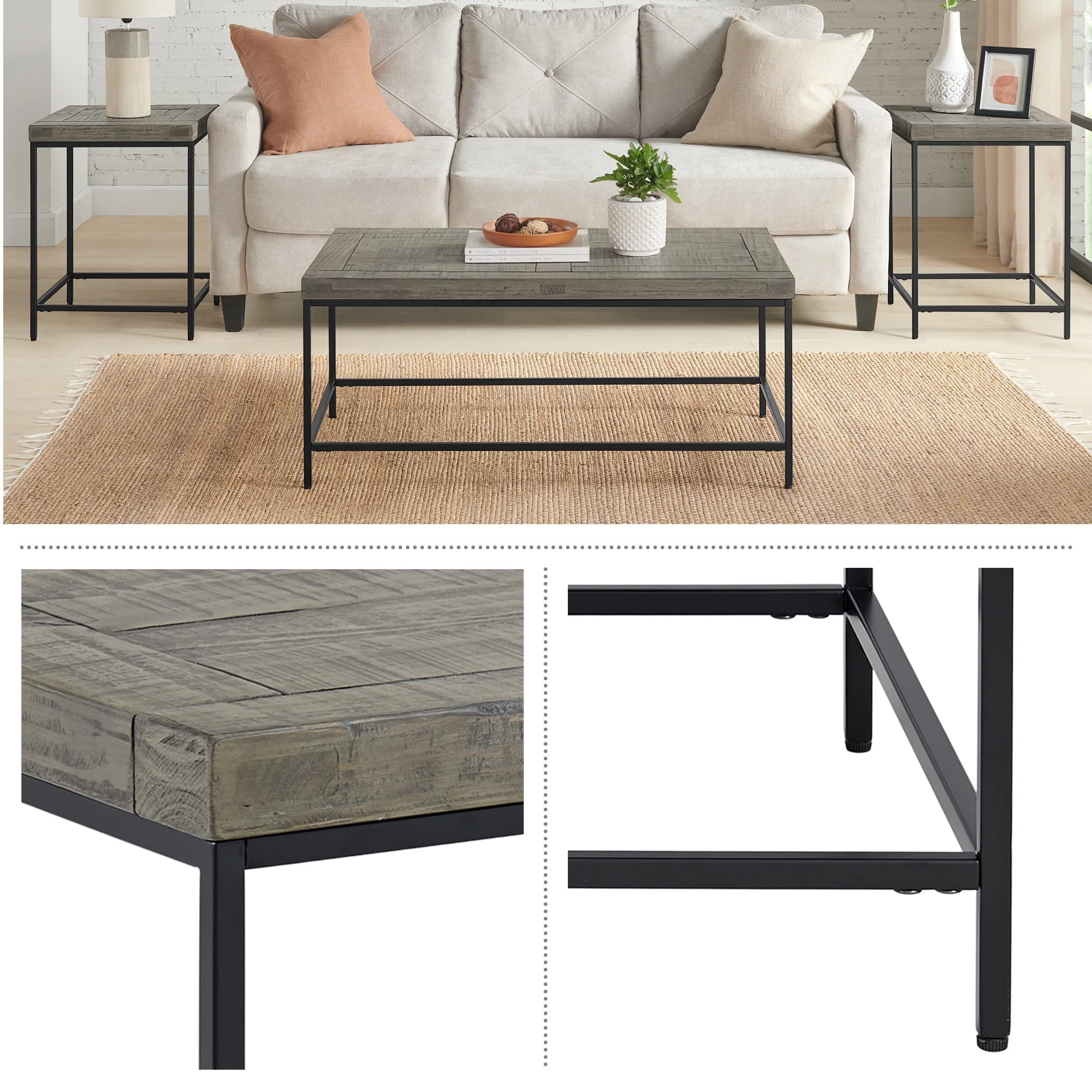 Lavish Home 3-Piece Coffee Table Set with 2 Matching Side Tables (Gray)
