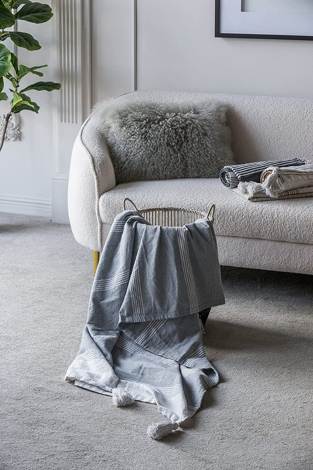 A&B Home Throw Blanket - Light Gray and White Stripe Woven Cotton Blend Blanket, 50