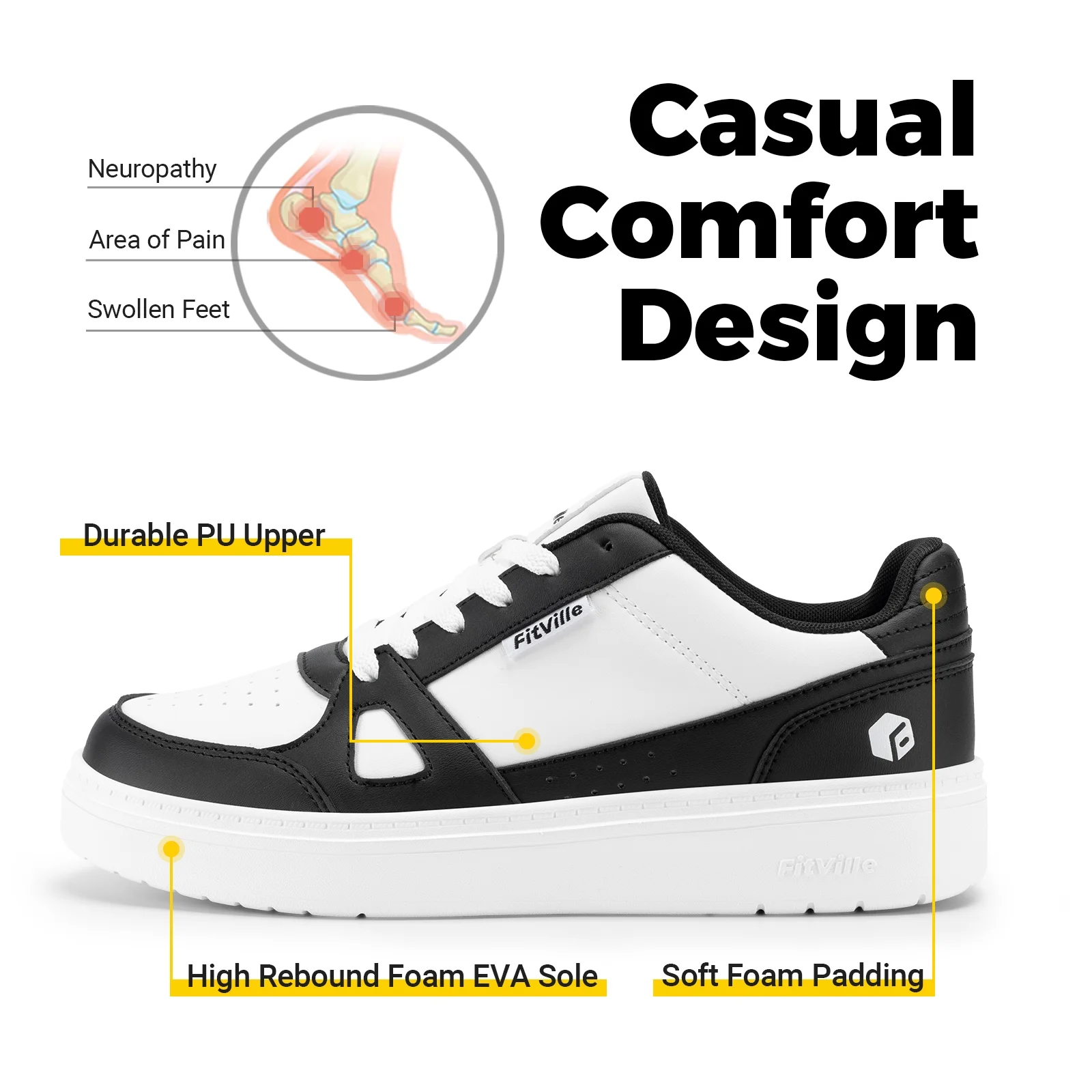 FitVille Men's Wide Walking Shoes Lightweight Wide Width Sneakers Skate Shoes (Black White, 11 Wide)