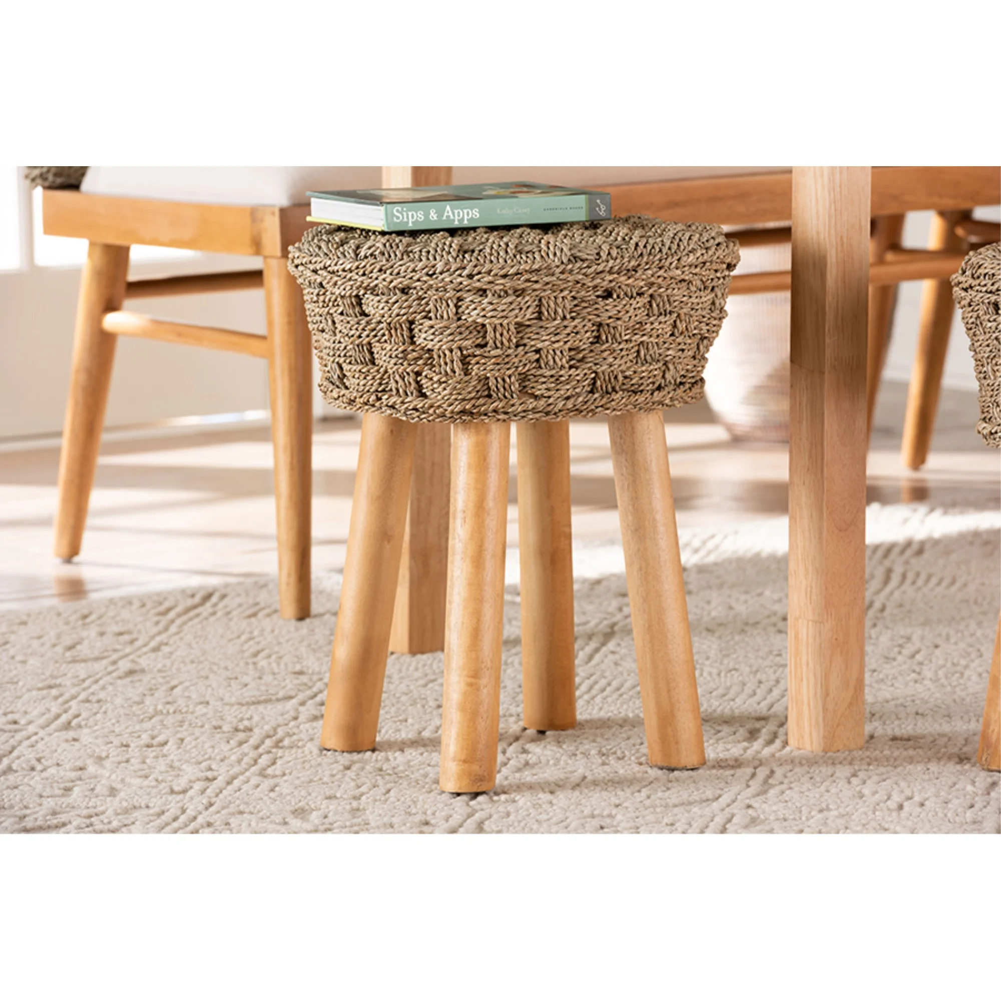 bali & pari Denver Modern Bohemian Natural Seagrass and Acacia Wood Stool