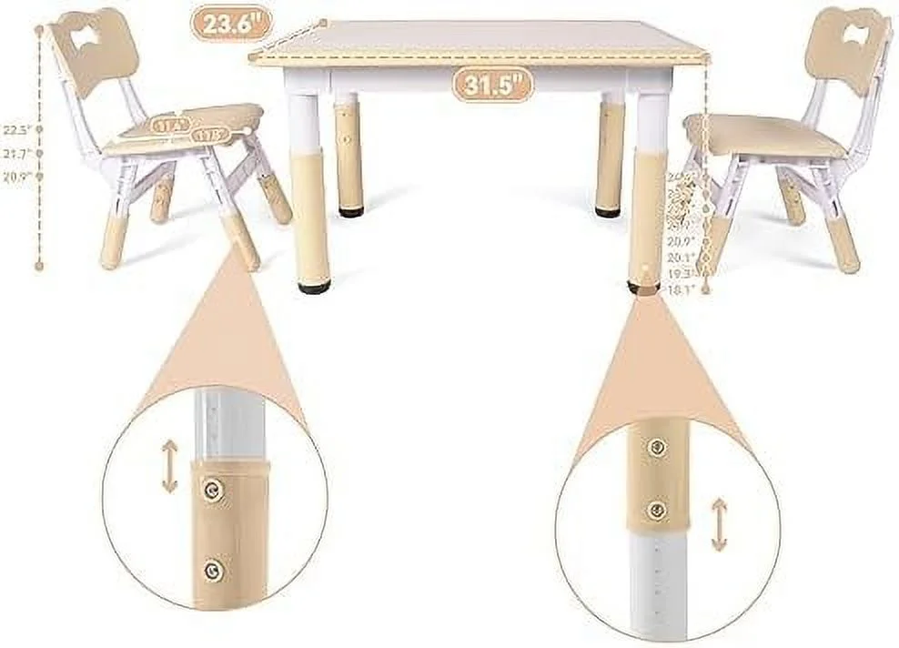 JYHOME Table and 2 Chairs Set  Height-Adjustable Toddler Table and Chair Set with Graffiti Desktop  31.5''L x 23.6''W Children Activity Table for Daycare  Classroom  Home